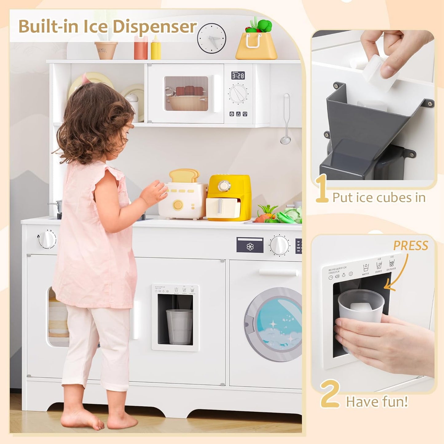 Track Seven Play Kitchen for Kids, Wooden Kids Kitchen Playset with Storage and Realistic Details, Pretend Play Kitchen Set with Ice Maker, Clicking Knobs, Sink, Washing Machine For Toddlers Ages 3+