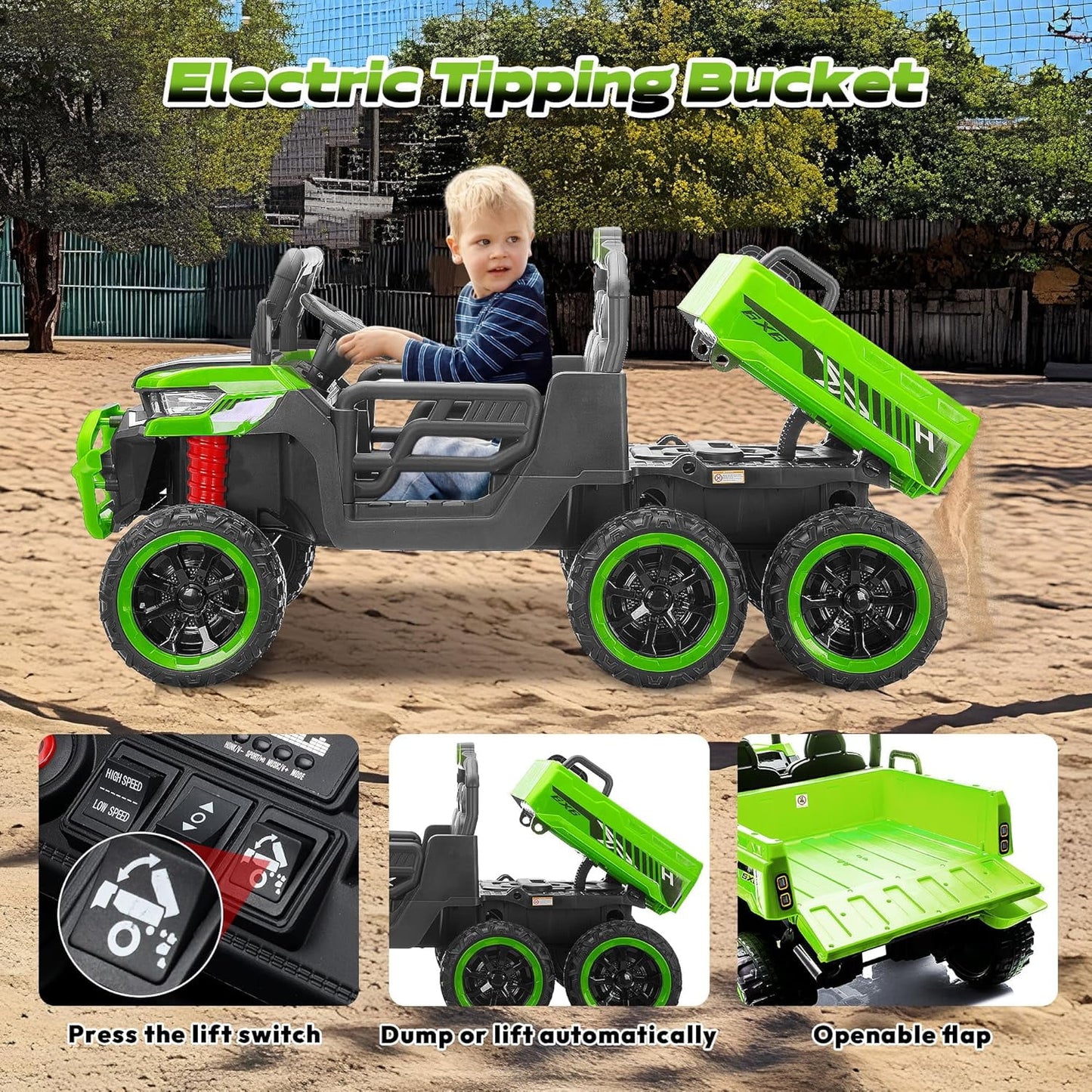 Track Seven 24V 2-Seater Ride on Dump Truck, 4WD 6-Wheel Kids Ride on Car w/Remote Control, Electric Dump Bed, Toy Shovel, Music, Max Speed 5 mph, 21" Large Seat, Ride on Toy for Kids Age 3+, Green