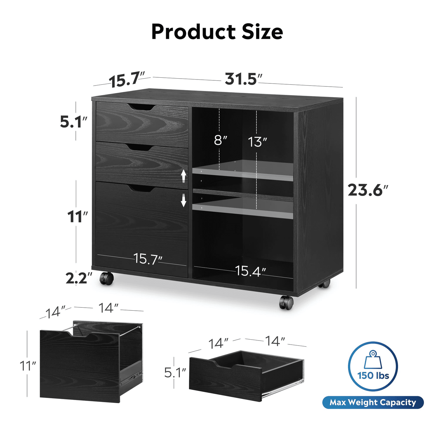 LISUEYNE 3-Drawer Wood File Cabinet, Mobile Lateral Filing Cabinet, Rolling Printer Stand with Open Storage Shelves for Home Office, Black