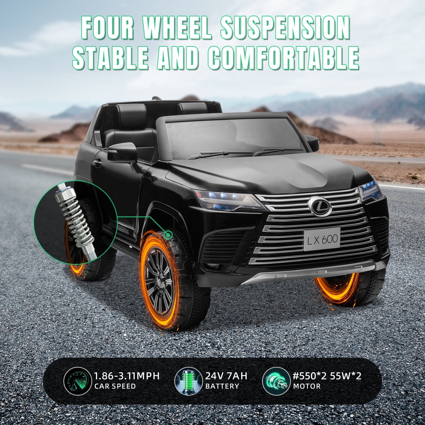 Track Seven 24V 2 Seater Ride on Car, Licensed LEXUS LX600 Electric Car with Remote, 20" Width Seat, Bluetooth, LED Lights, Key Start, Portable Handle, 24V Ride on for Boys Girls Age 3+, Black