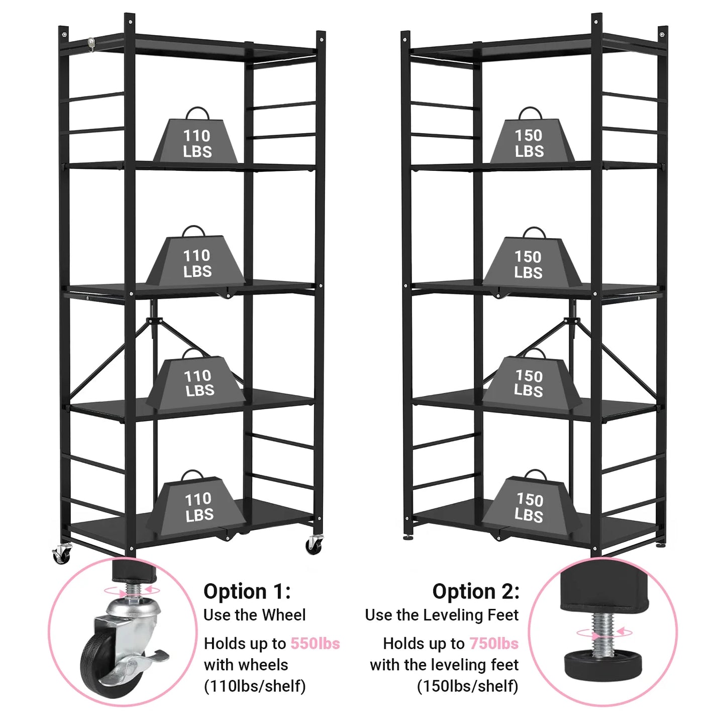 COOKCOK 5-Tier Storage Shelving Unit, Metal Shelf, Adjutable Height, Foldable Storage Shelf with Wheels, Garage Shelf, Kitchen Shelf, Side Protective, 550lbs Capacity, Black