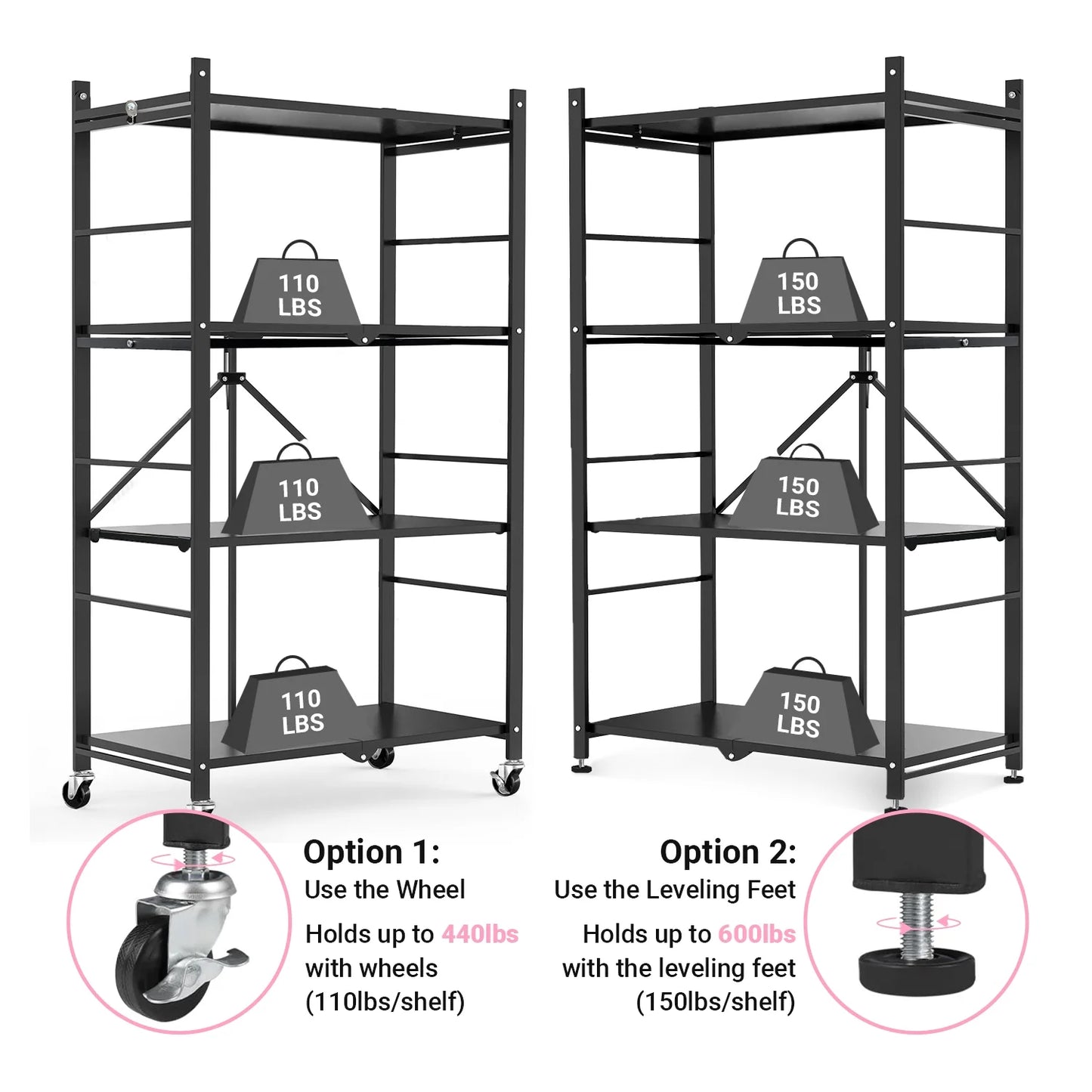 COOKCOK 4-Tier Storage Shelving Unit, Metal Shelf, Adjutable Height, Foldable Storage Shelf with Wheels, Garage Shelf, Kitchen Shelf, Side Protective, 400lbs Capacity, Black