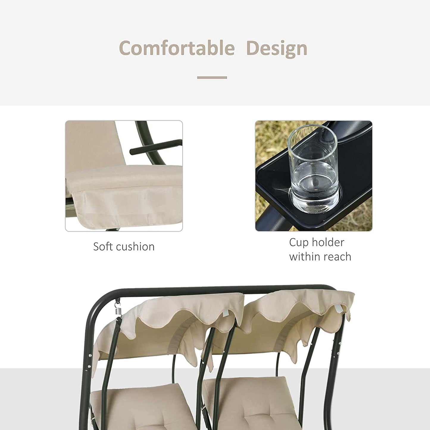 COOKCOK 2-Seat Porch Swing with Stand, Outdoor Swing Glider with Removable Canopy and Cup Holders for Porch, Garden, Backyard, 480 lbs Capacity, Beige