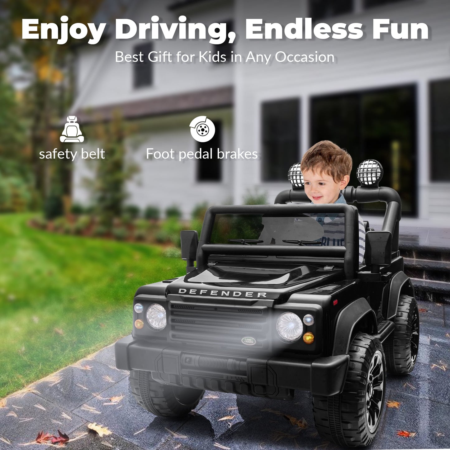 Track Seven Licensed Land Rover Defender Volta 5008 24V Ride-On Car, Electric Car with Remote Control, 2WD Drive, Bluetooth, LED Lights, Key Start, Rear Storage, 24V Ride on Toys for Ages 3+, Black
