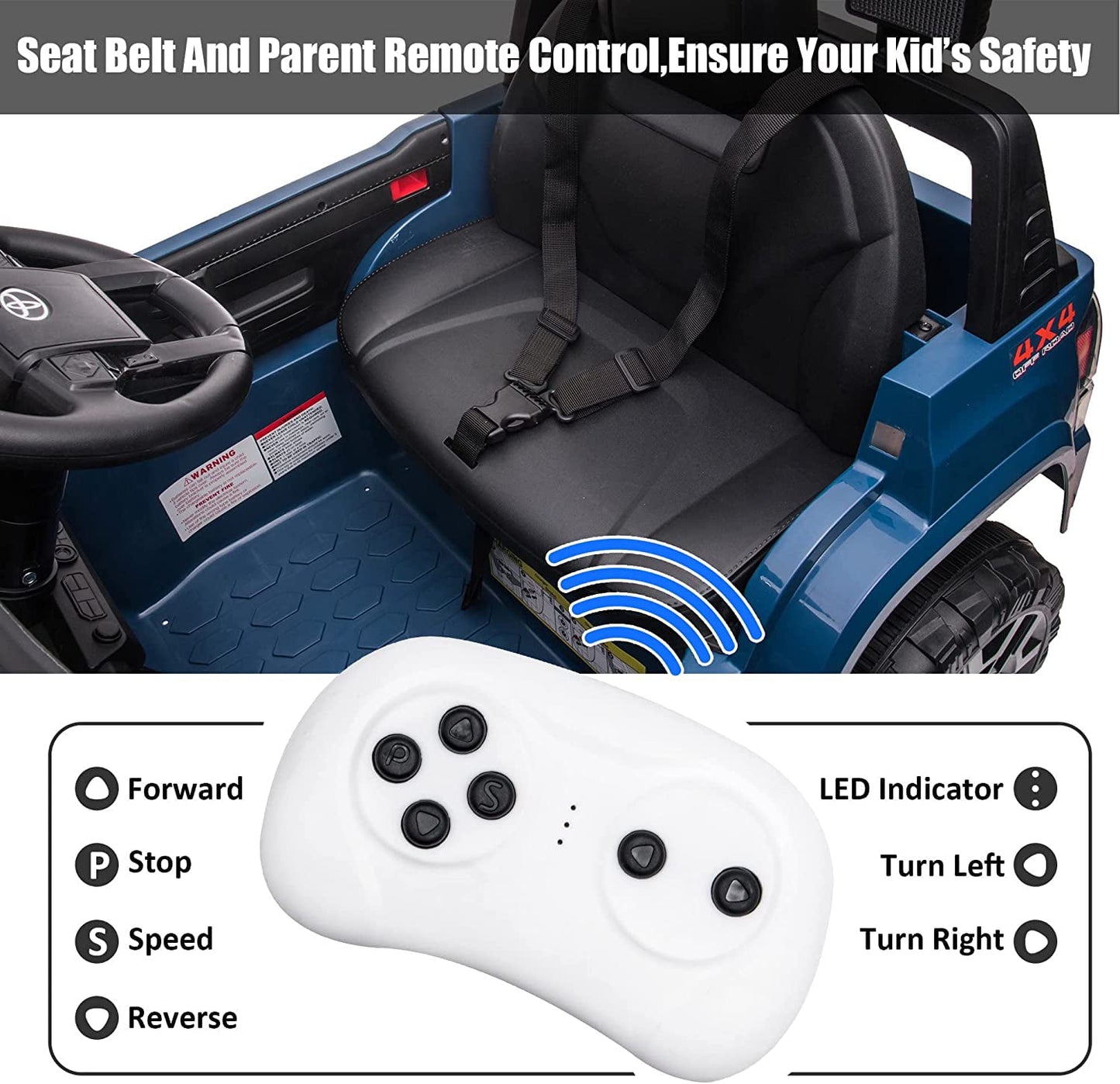 Track 7 Ride on Car with Remote Control, 12V Toyota Tacoma Electric Car for Boys Girls Age 3+, AUX/FM/USB, Storage Truck, Blue