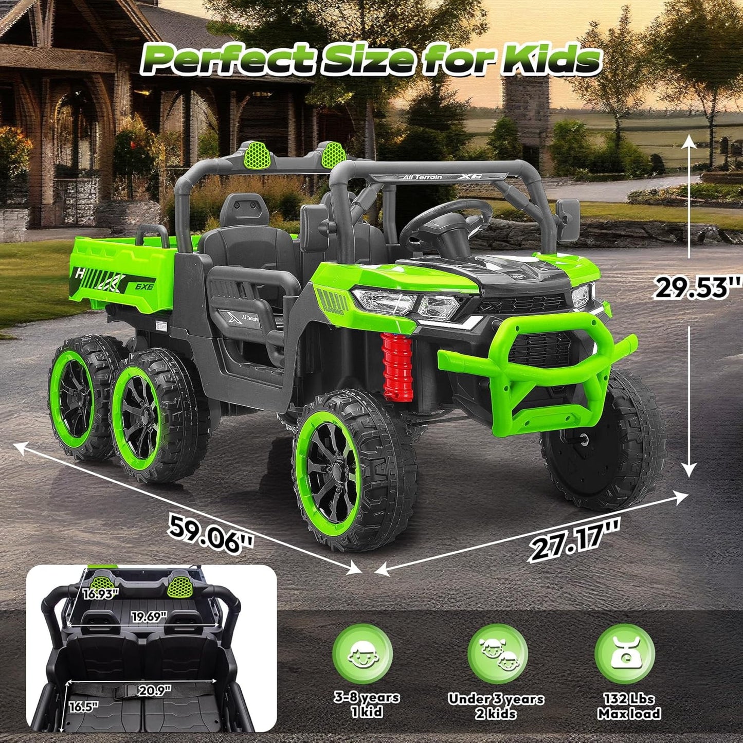 Track Seven 24V 2-Seater Ride on Dump Truck, 4WD 6-Wheel Kids Ride on Car w/Remote Control, Electric Dump Bed, Toy Shovel, Music, Max Speed 5 mph, 21" Large Seat, Ride on Toy for Kids Age 3+, Green