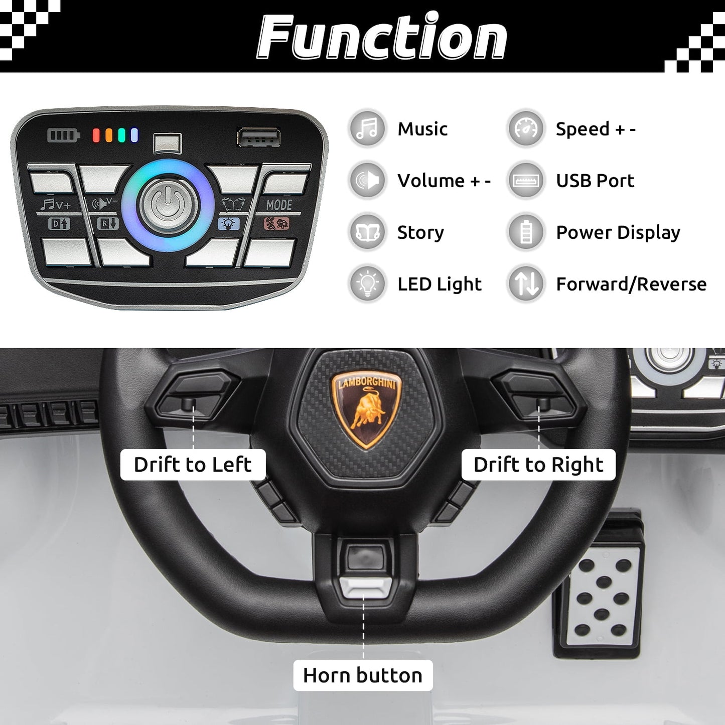 Track Seven 24V Kids Ride on Car, Licensed Lamborghini STO Electric Car for Boys Girls, 2-Seater Ride on Drift Car with Remote Control, Music, 360° Spin, Max Speed 6mph, White