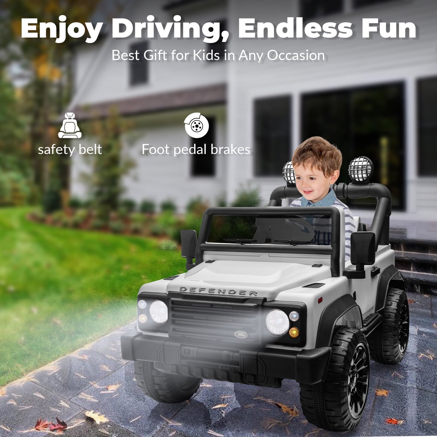 Track Seven Licensed Land Rover Defender Volta 5008 24V Ride-On Car, Electric Car with Remote Control, 2WD Drive, Bluetooth, LED Lights, Key Start, Rear Storage, 24V Ride on Toys for Ages 3+, White
