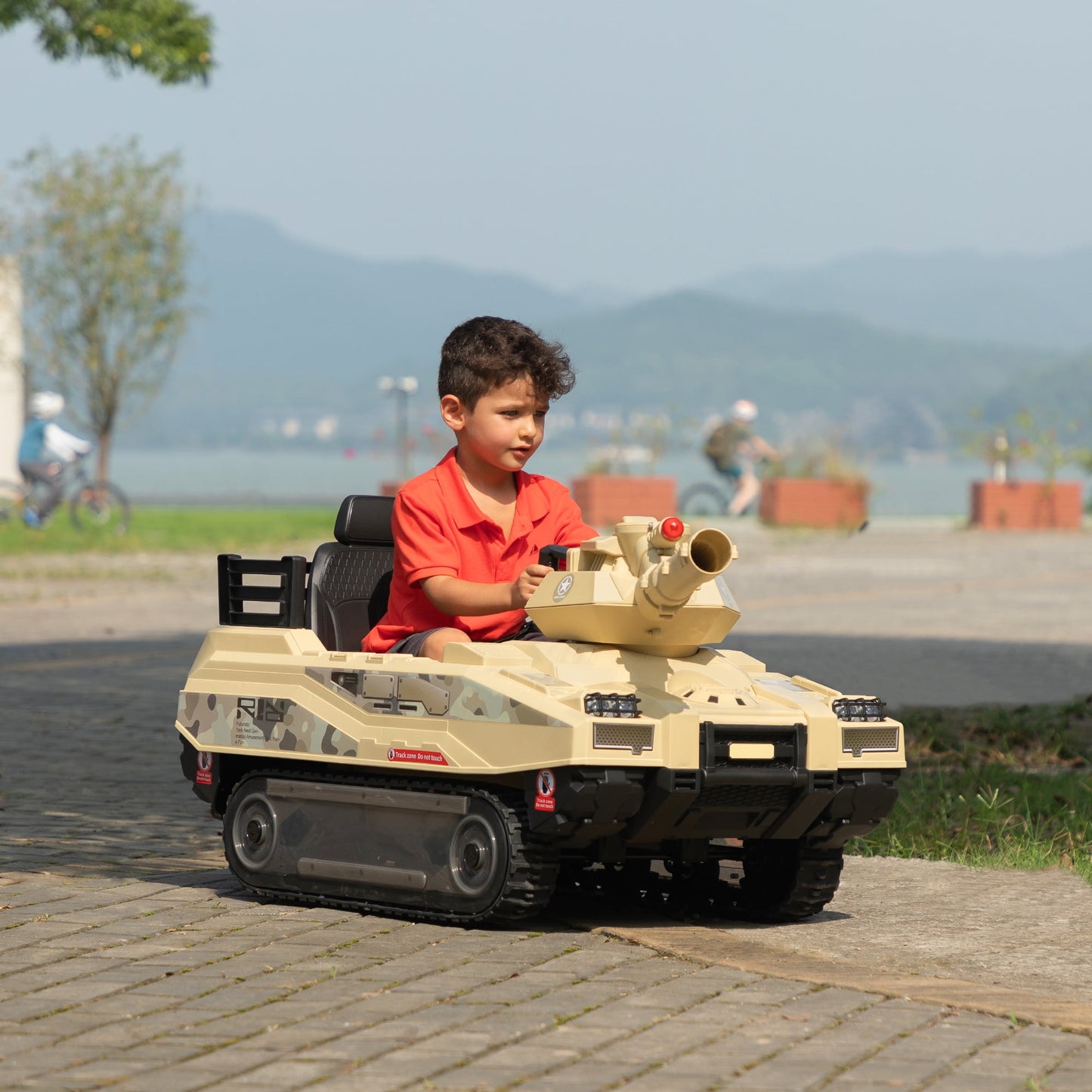 Track Seven 24V Ride on Car, Kids Ride on Tank with Fighting Cannon and Rotating Turret, Remote Control, Lights, Music, 360° Spin, Electric Off-Road RC Fighting Tank Truck, Yellow