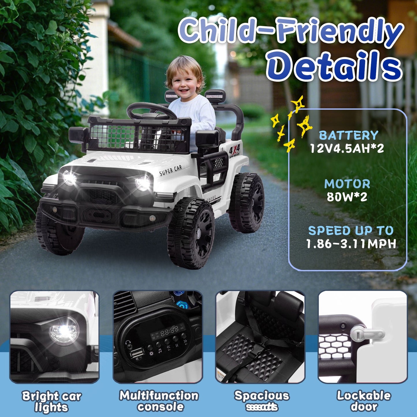 Track Seven 24V Kids Ride on Truck, Electric Car with Remote Control, Four-Wheel Suspension, Power Display, Bluetooth, MP3 Player, LED Lights, Kids Ride on Toy Car for Boys Girls Aged 3+, White