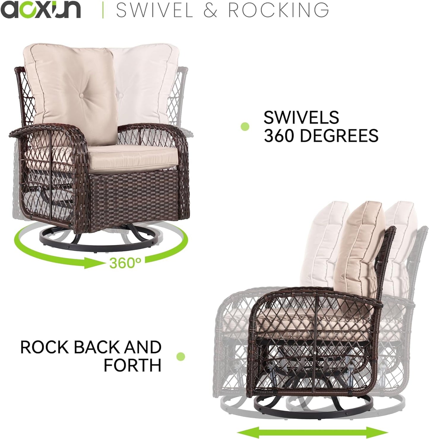COOKCOK 3 Pieces Outdoor Swivel Rocker Chair Set of 2 with Small Side Table Wicker Rattan Patio Furniture Set Outdoor Rocking Chair Set for Backyard, Balcony, Deck, Beige