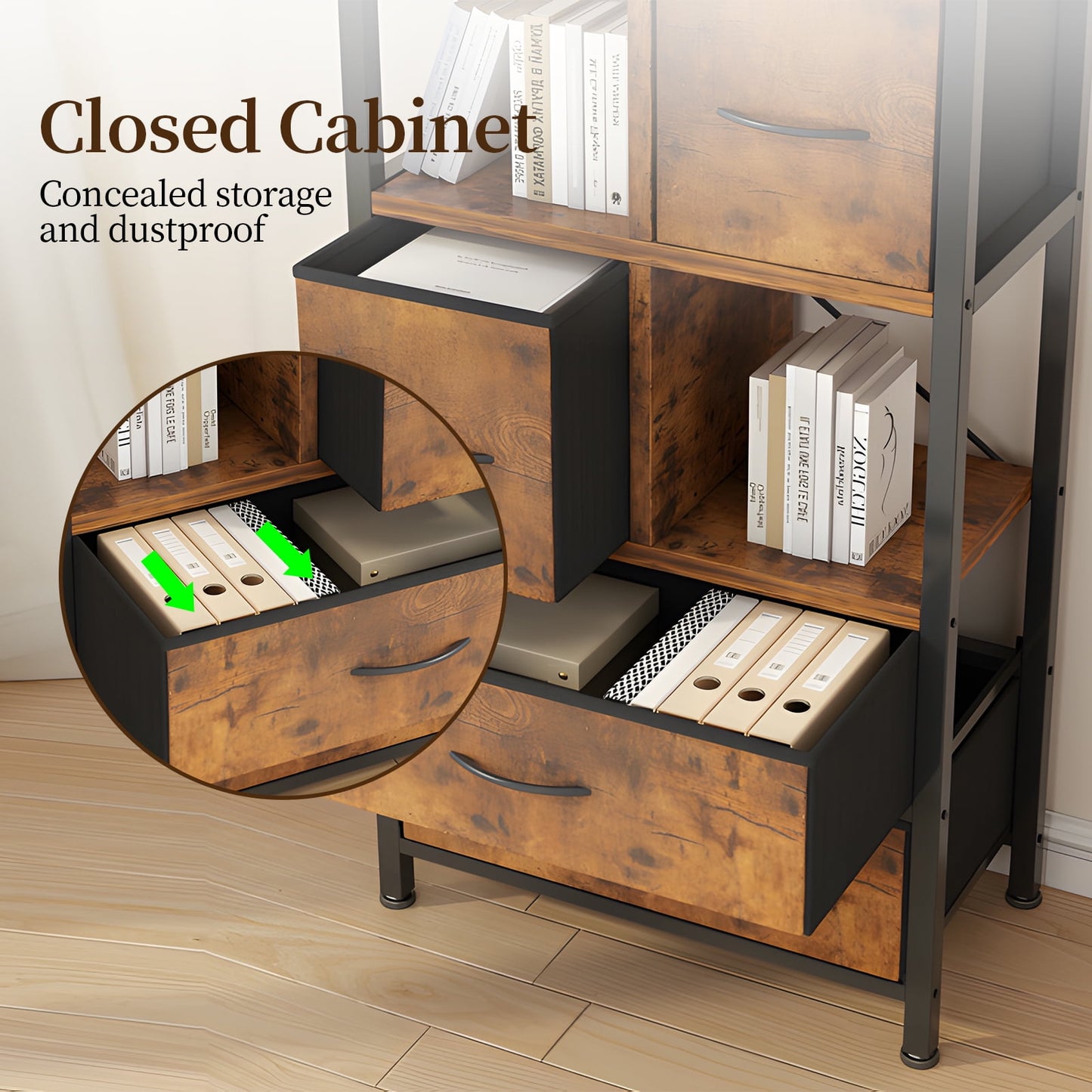 COOKCOK 5 Tier Bookshelf, Bookcase with 4 Drawers Shelves, Tall Book Shelf Book Case for Home & Office, Rustic Brown