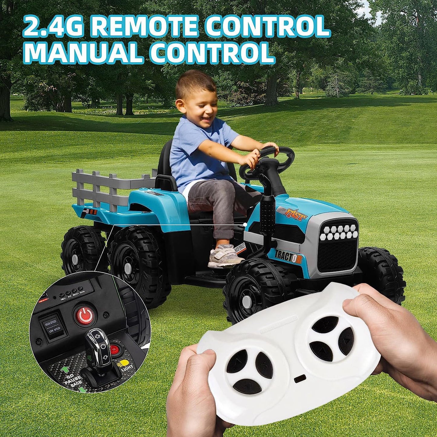 Track Seven 24V Ride on Tractor with Trailer, 400W Motor, 6-Wheels Ride on Truck Car with Remote Control, Music, Lights, Electric Tractor Max Speed 5 mph, Blue