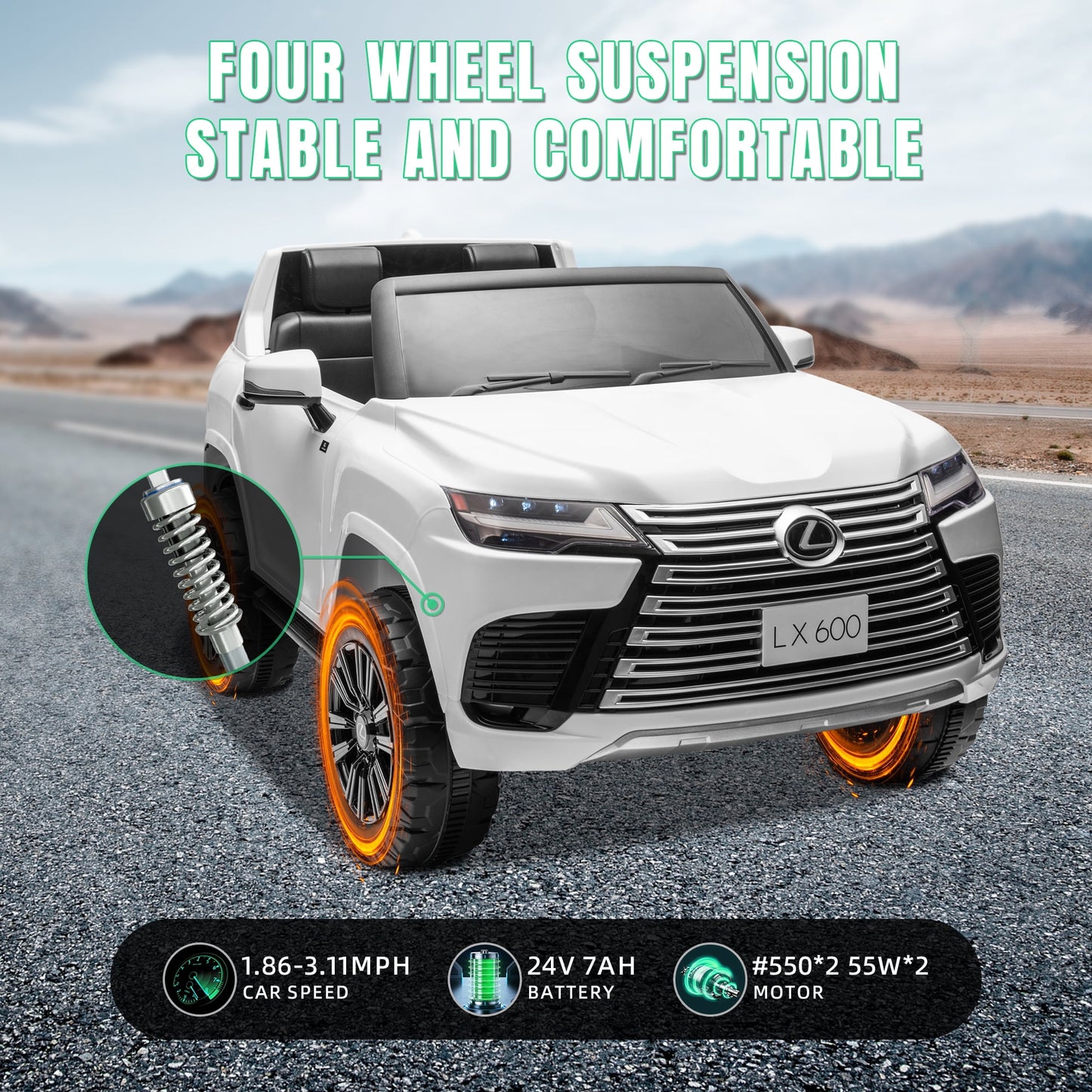 Track Seven 24V 2 Seater Ride on Car, Licensed LEXUS LX600 Electric Car with Remote, 20" Width Seat, Bluetooth, LED Lights, Key Start, Portable Handle, 24V Ride on for Boys Girls Age 3+, White