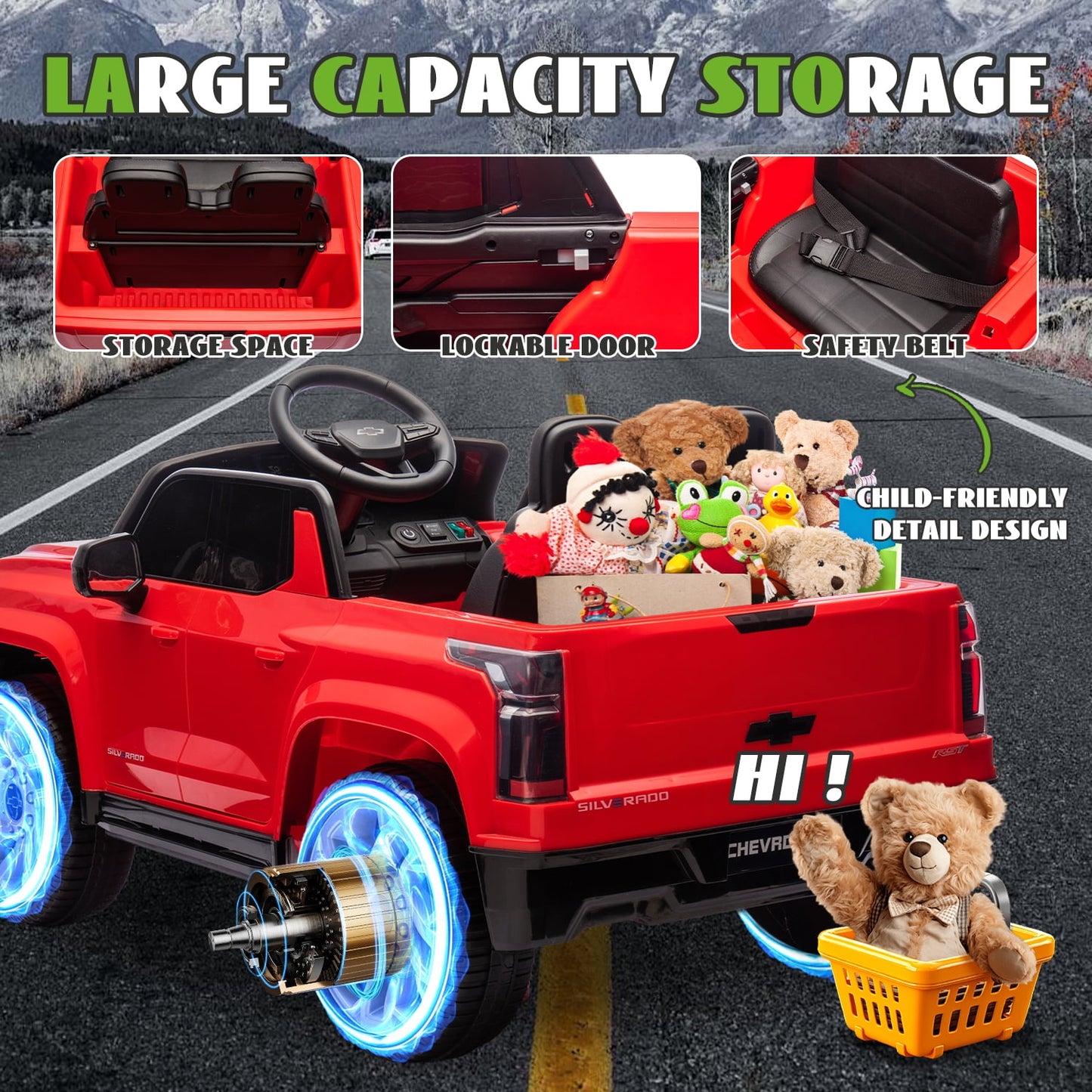 Track Seven 24V Ride on Car, Licensed Chevrolet Silverado Electric Car Truck with Remote Control, Bluetooth, LED Lights, Power Display, Rear Storage Ride on Toy Car for Boys Girls Age 3+, Red