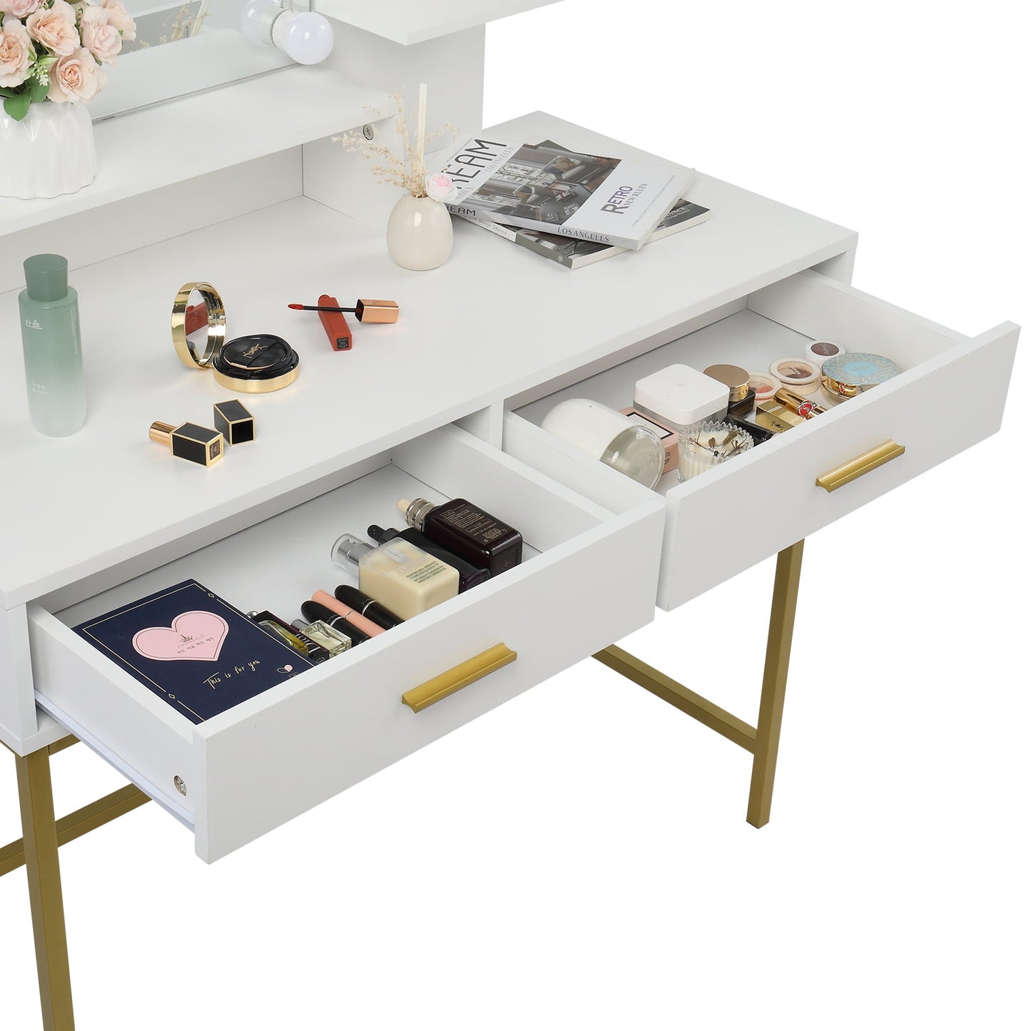 COOKCOK Vanity Desk with Lights, Makeup Table with Cushioned Stool, 3 Storage Shelves 2 Drawers, Dressing Table Dresser Desk for Women, Girls, Bedroom, White