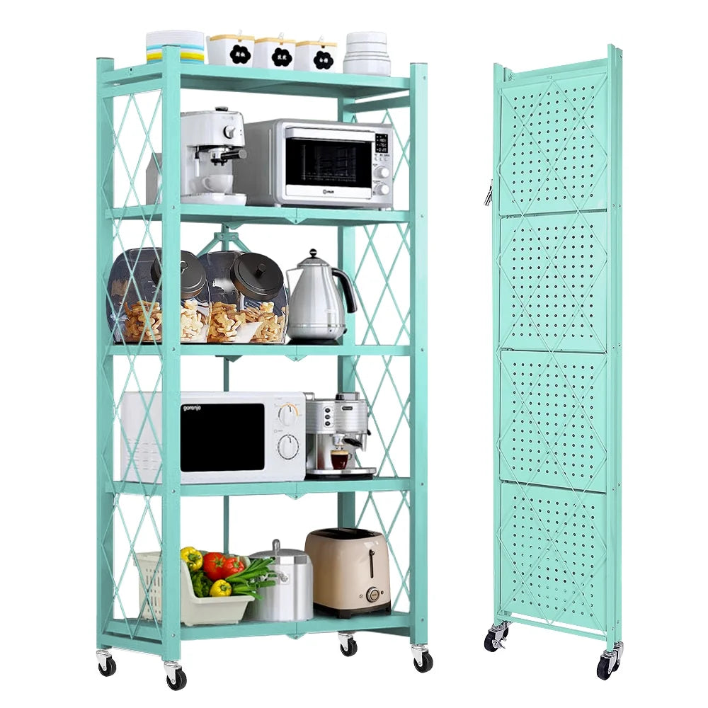 COOKCOK 5-Tier Storage Shelving Unit, Metal Shelf 27.9"x13.4"x62.5, Foldable Storage Shelf with Wheels, Garage Shelf, Metal Storage Rack, Kitchen Shelf with 4 Hooks