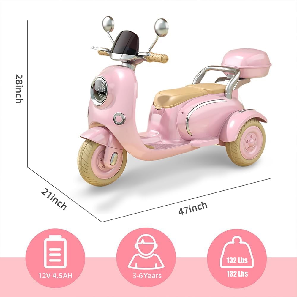 Track Seven 12V Kids Ride on Motorcycle, 3 Wheels Powered Motorbike for Kids Ride with Mp3, Bluetooth, Headlight, Storage Box for Kids Aged 3+, Pink