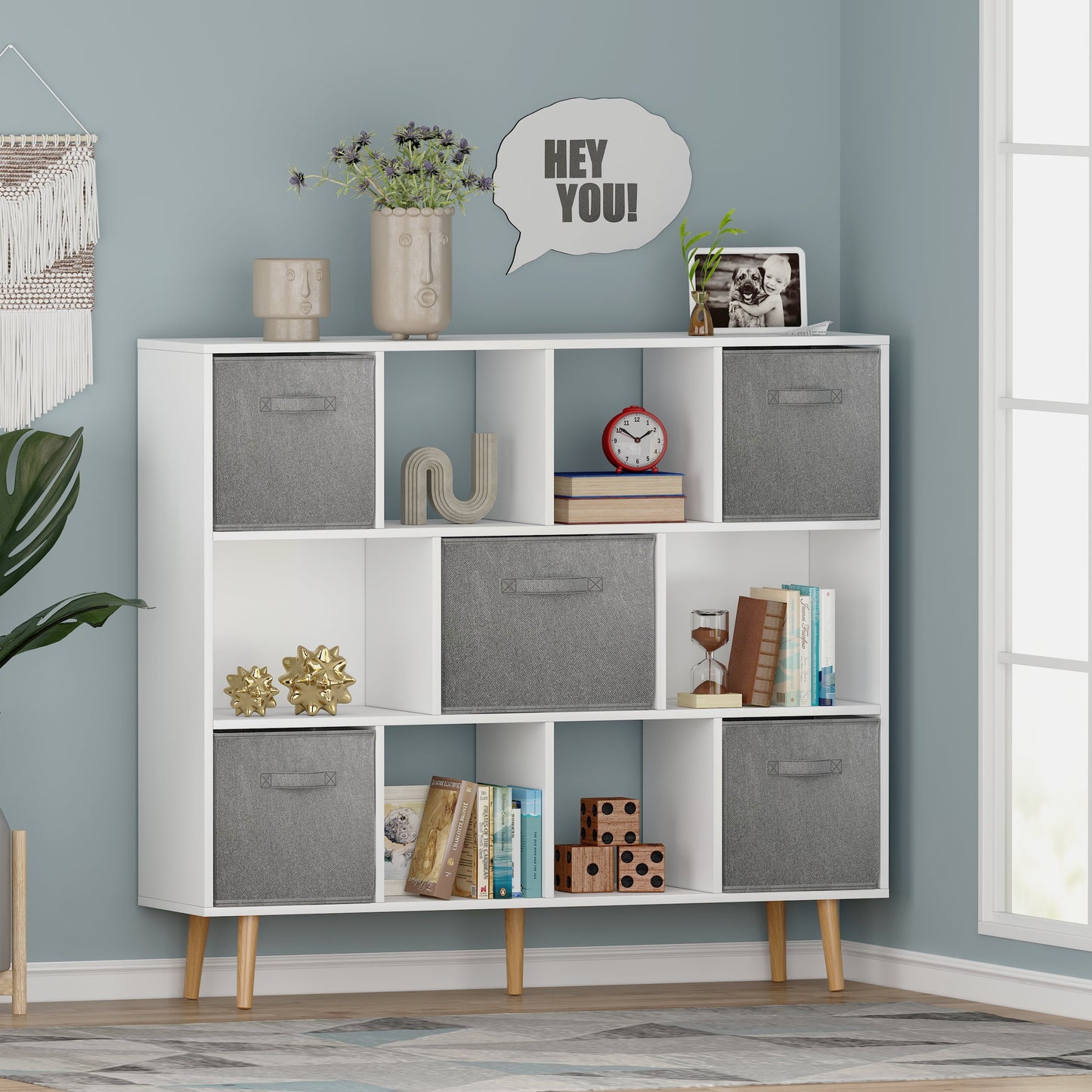 COOKCOK 11-Cube Storage Organizer, Bookshelf with Storage Bins, 4 Tier Freestanding Open Bookshelf with 5 Nonwoven Fabric Drawers,White
