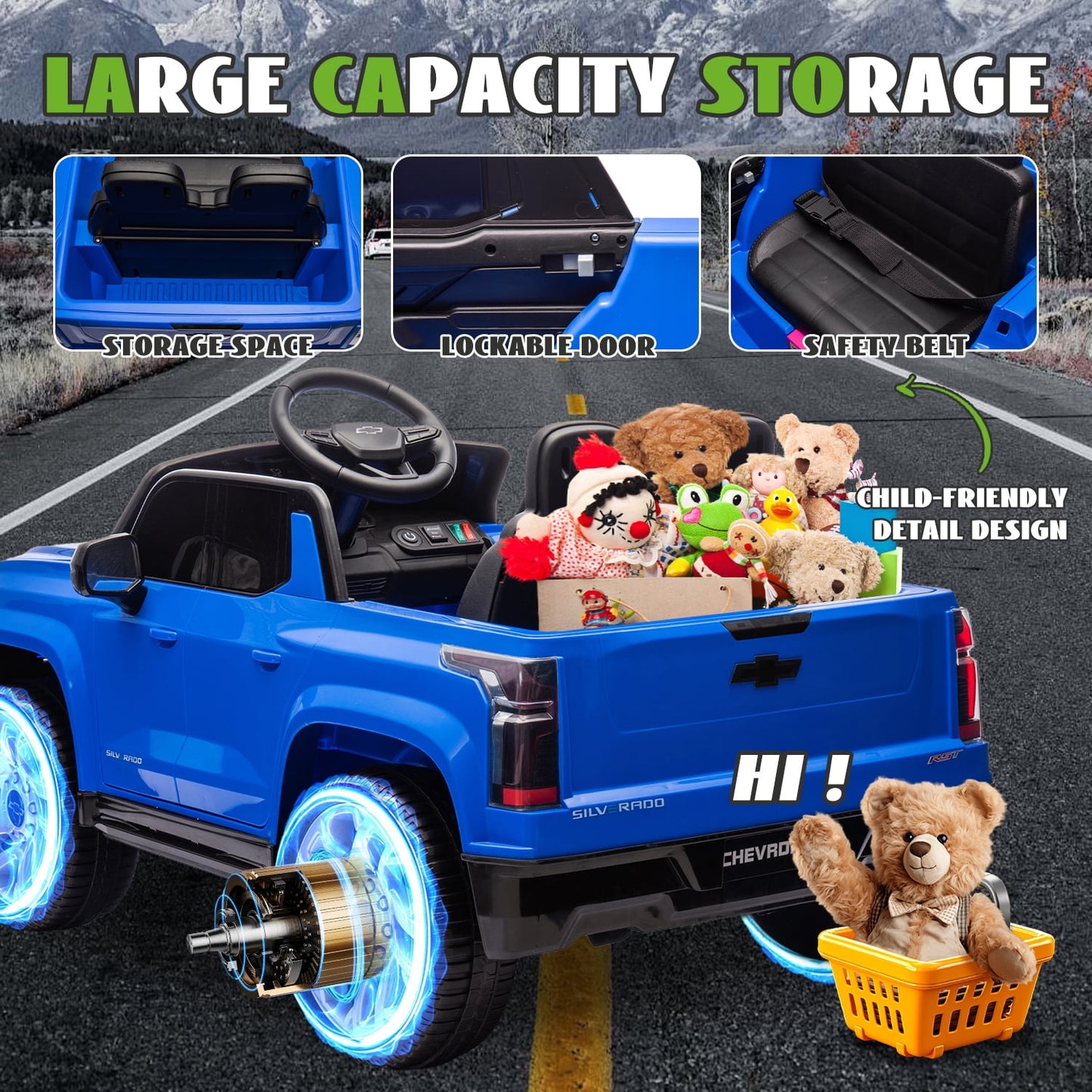 Track Seven 24V Ride on Car, Licensed Chevrolet Silverado Electric Car Truck with Remote Control, Bluetooth, LED Lights, Power Display, Rear Storage Ride on Toy Car for Boys Girls Age 3+, Blue