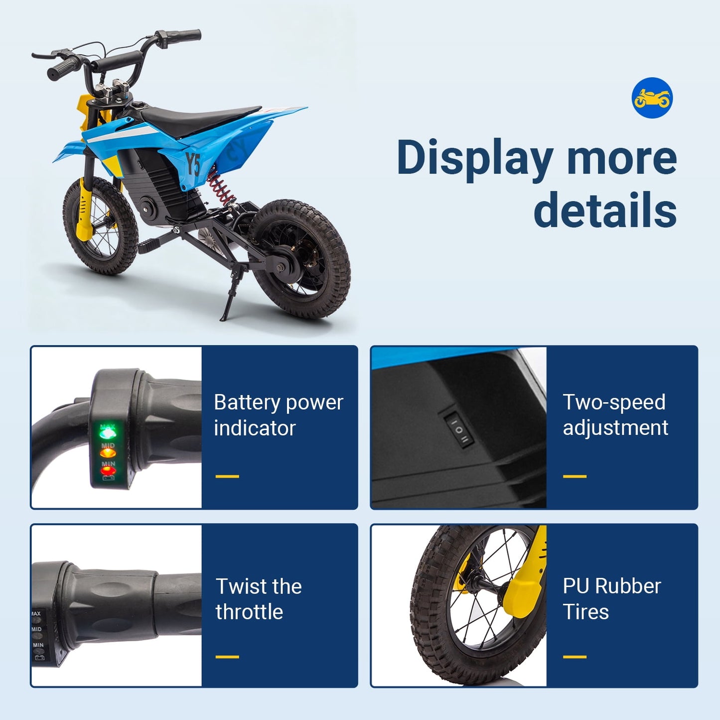 Track Seven 24V Electric Dirt Bike, 250W Ride on Motorcycle, 3 Speed Up-to 9.32 mph, Battery Display, Rear Suspension, Disc Brake, Bluetooth, LED Light, Electric Motocross Bike for Kids Aged 8+, Blue