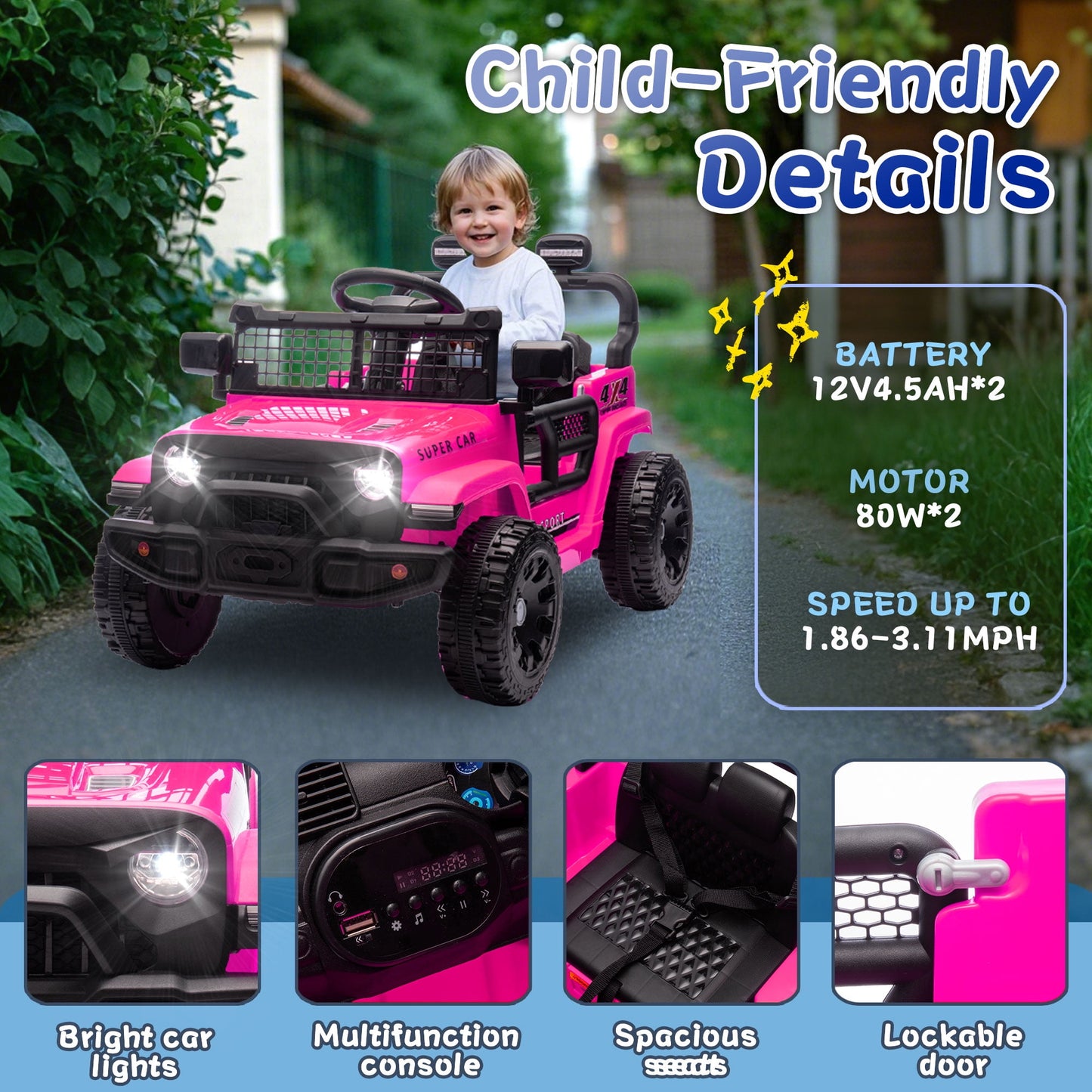 Track Seven 24V Kids Ride on Truck, Electric Car with Remote Control, Four-Wheel Suspension, Power Display, Bluetooth, MP3 Player, LED Lights, Kids Ride on Toy Car for Boys Girls Aged 3+, Pink