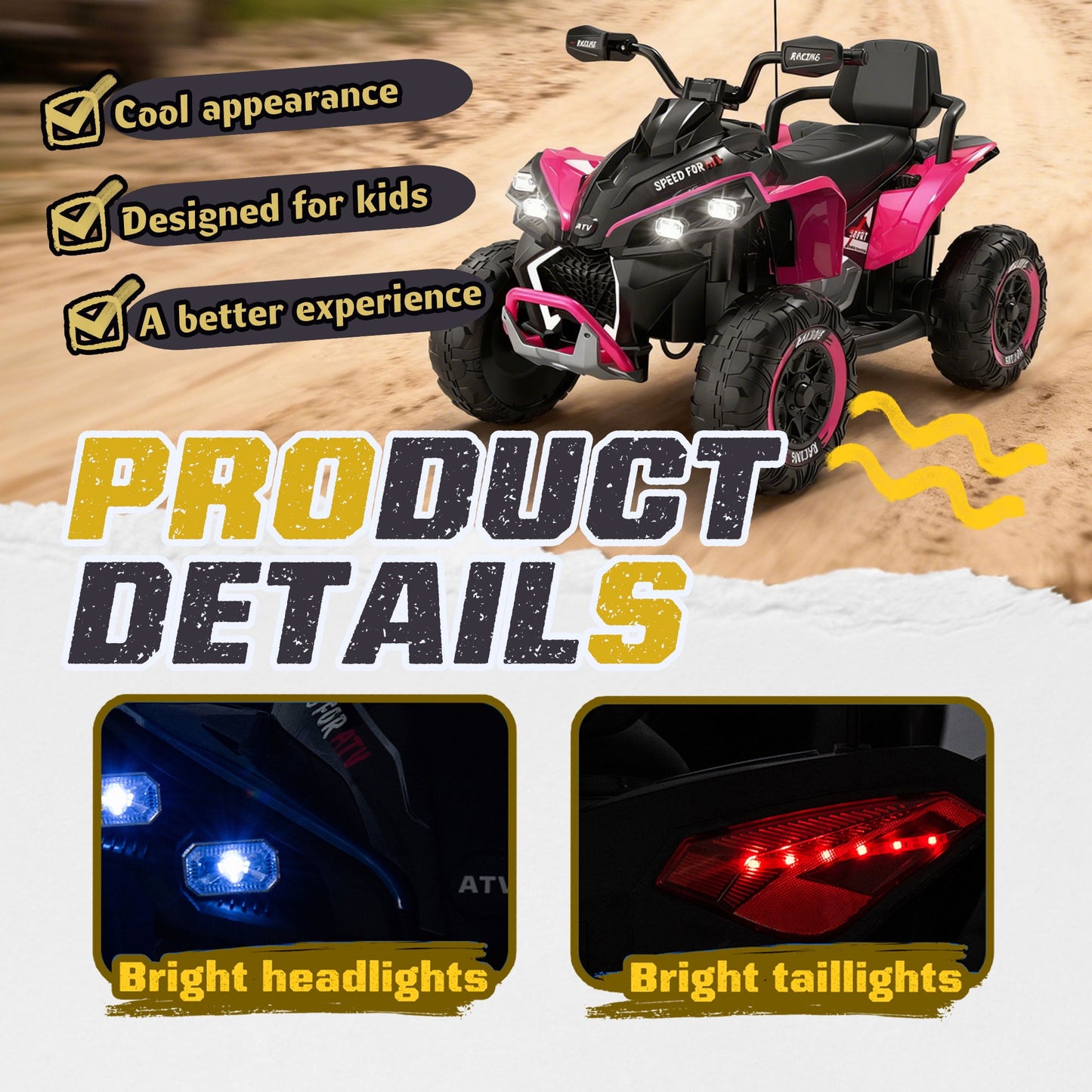Track Seven 24V Kids Ride-On ATV, Four Wheeler Quad Electric Car with Remote, 2 Speeds, Bluetooth, LED Light, English Storytelling, Shock Absorber, Kids Electric ATV for Boys Girls Aged 3+, Pink