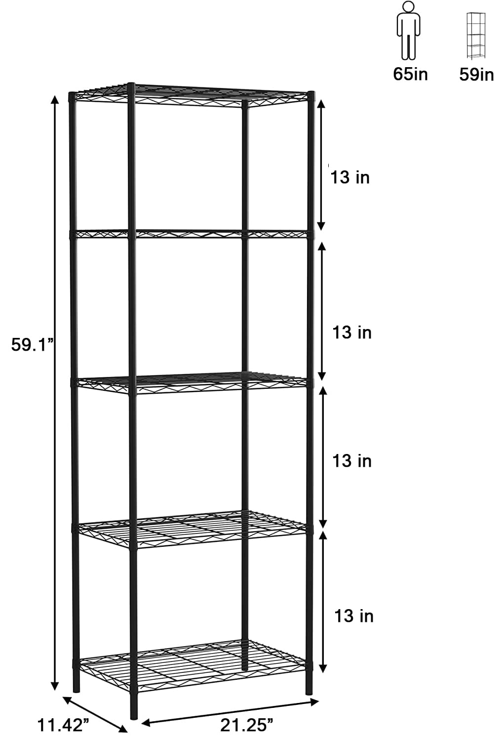 COOKCOK 5-Tier Wire Shelving Unit, 21.2"x 11.42"x 59.1" Storage Shelf, Metal Shelf, Wire Rack Shelving for Home Kitchen Bathroom Garage Pantry Organization, 550lbs Capacity, Black