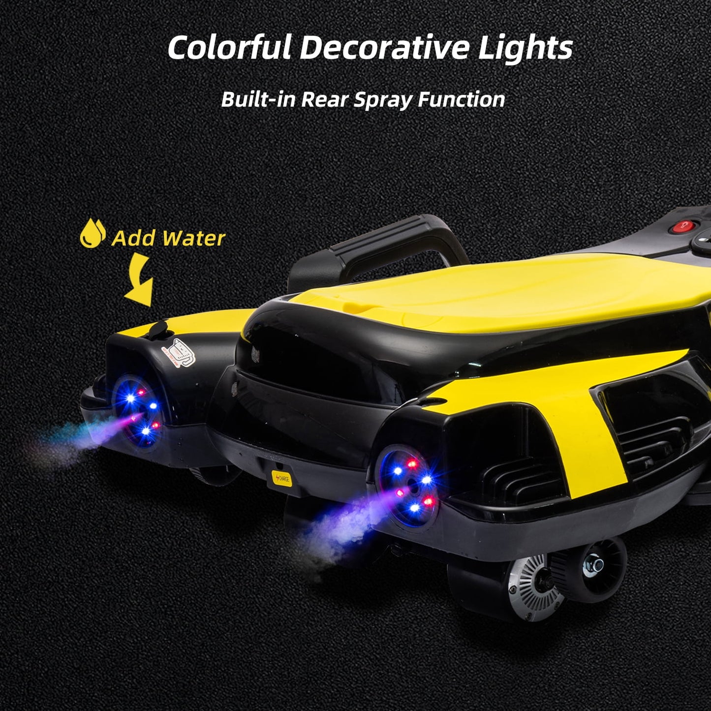 LISUEYNE 24V Ride on Car with Helmet, Knee Pads, Gloves, Devilfish Pattern Ride on Electric Scooter with Spray Function, Gravity Steering, Music, Hnadrails, Max Speed 6.84 mph, Black&Yellow