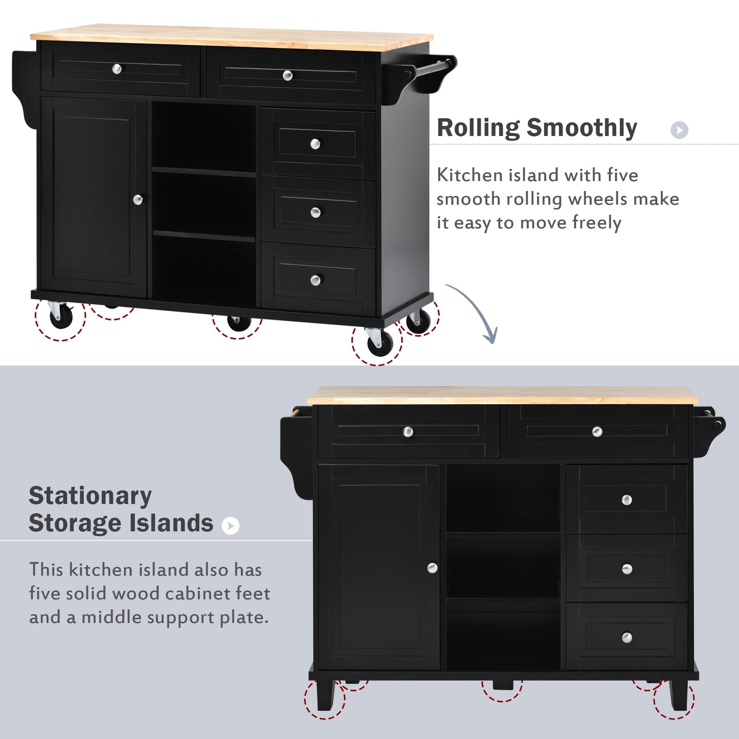 COOKCOK Kitchen Cart with Wood Countertop, Rolling Mobile Kitchen Island Cart with 5 Drawers, Open Storage Shelves, Towel Rack, 53" Width, Black