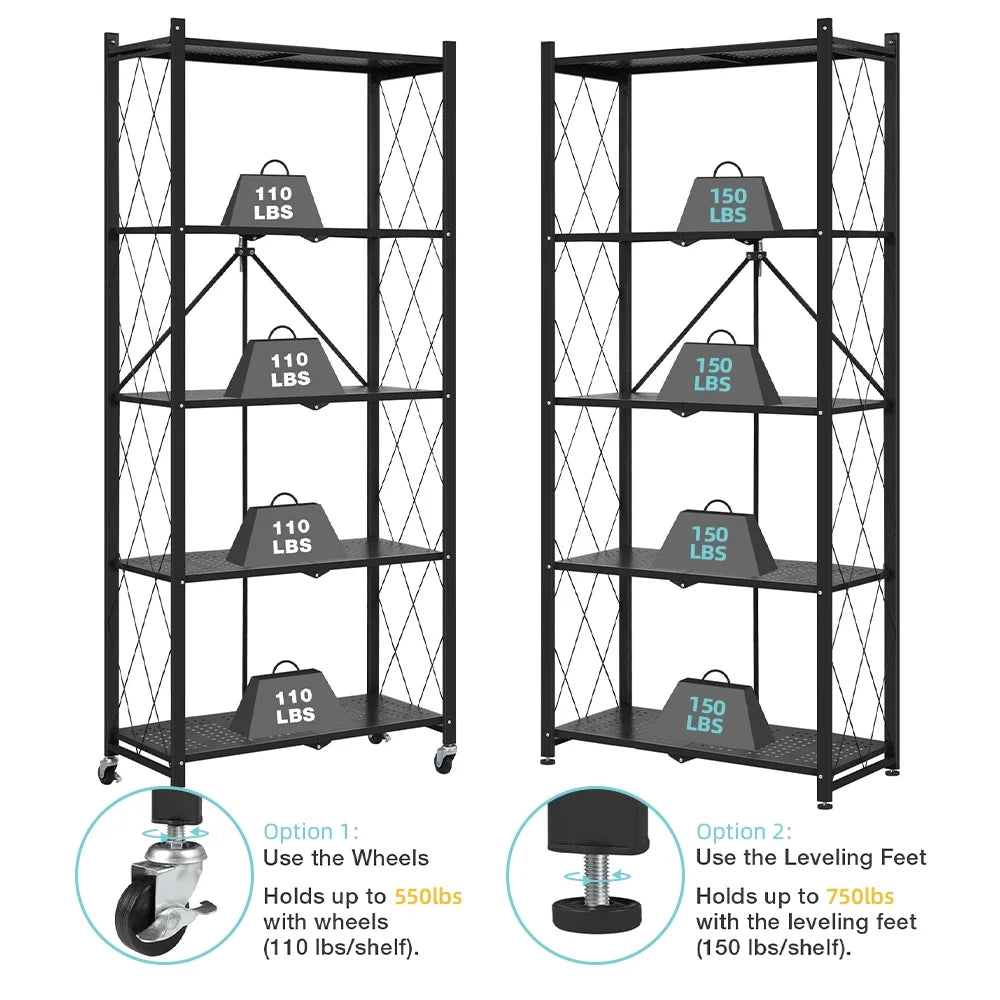COOKCOK 5-Tier Storage Shelving Unit, Metal Shelf 27.9"x13.4"x62.5, Foldable Storage Shelf with Wheels, Garage Shelf, Metal Storage Rack, Kitchen Shelf with 4 Hooks