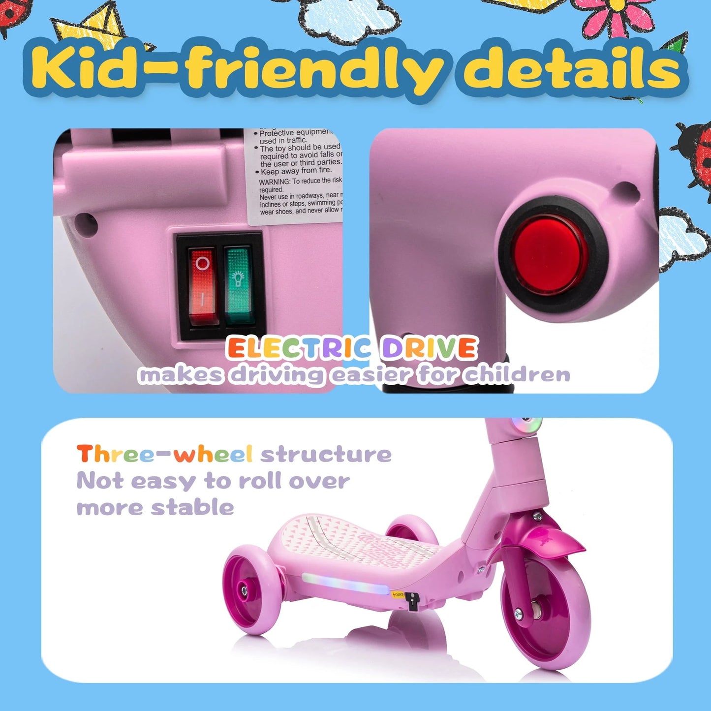 Track Seven Electric Scooter for Kids, 3 Wheels Kids Kick Scooter with Spray, LED Lights, PU Wheels, Wide Pedal, Music, Independent Light Switch, 6V Scooter for Boys Girls Toddlers Ages 3-6, Pink