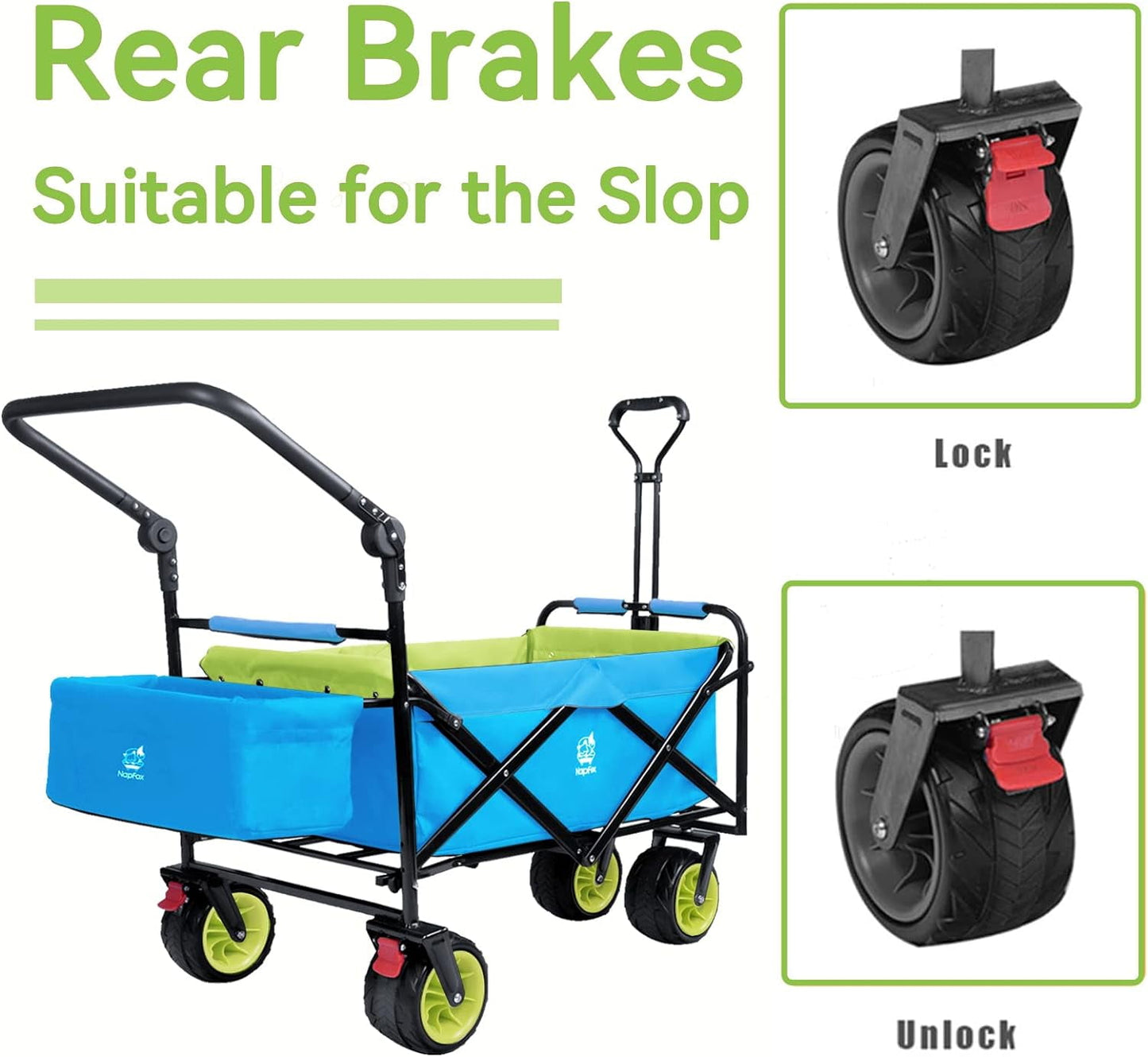 COOKCOK Collapsible Folding Wagon Cart, Heavy Duty Utility Wagon with Removable Rear Bag & Adjustable Push Pull Handle, All Terrain Beach Wagon with Big Wheel for Sand, Blue