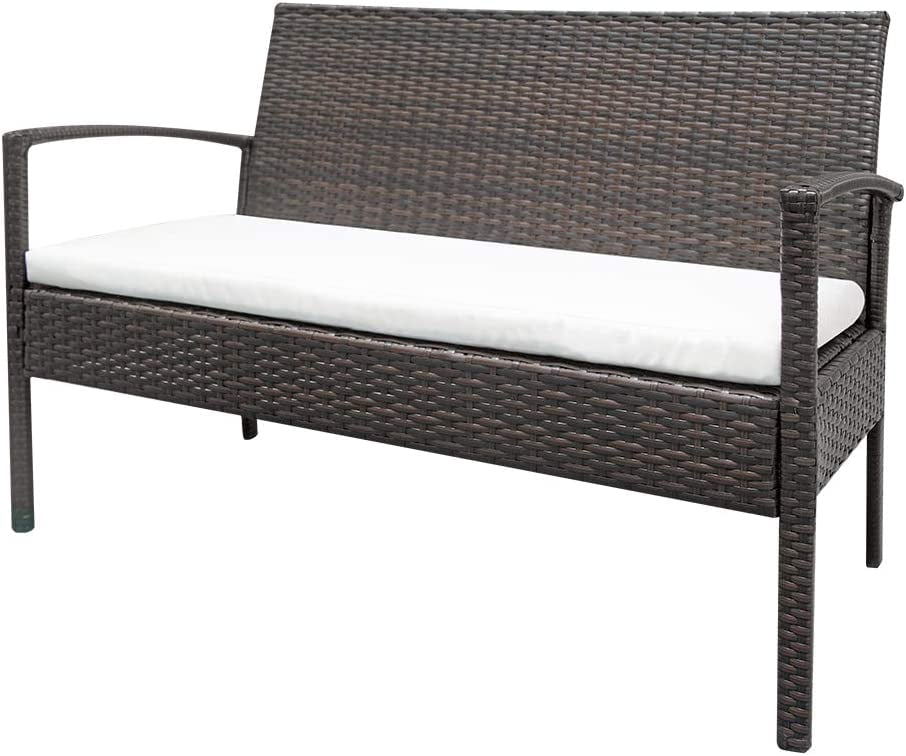 COOKCOK Patio Furniture Sets of 4, PE Rattan Conversation Furniture Set w/2pcs Arm Chairs 1pc Love Seat & Tempered Glass Coffee Table, Rattan Sofa Conversation Sets for Garden, Patio, Poolside, Brown