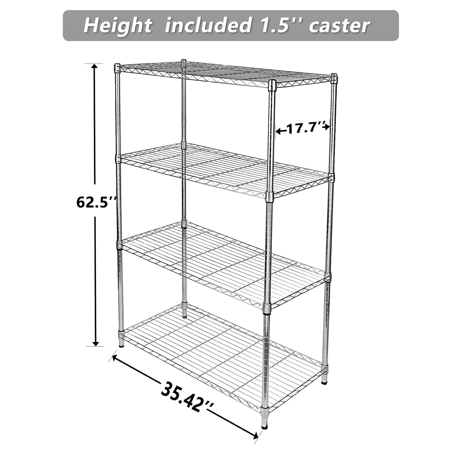 COOKCOK 4-Tier Wire Shelving, 35"D x 17"W x 62"H Storage Shelves, Garage Shelf, Heavy Duty Metal Shelf, Height Adjustable, 1000lbs Capacity