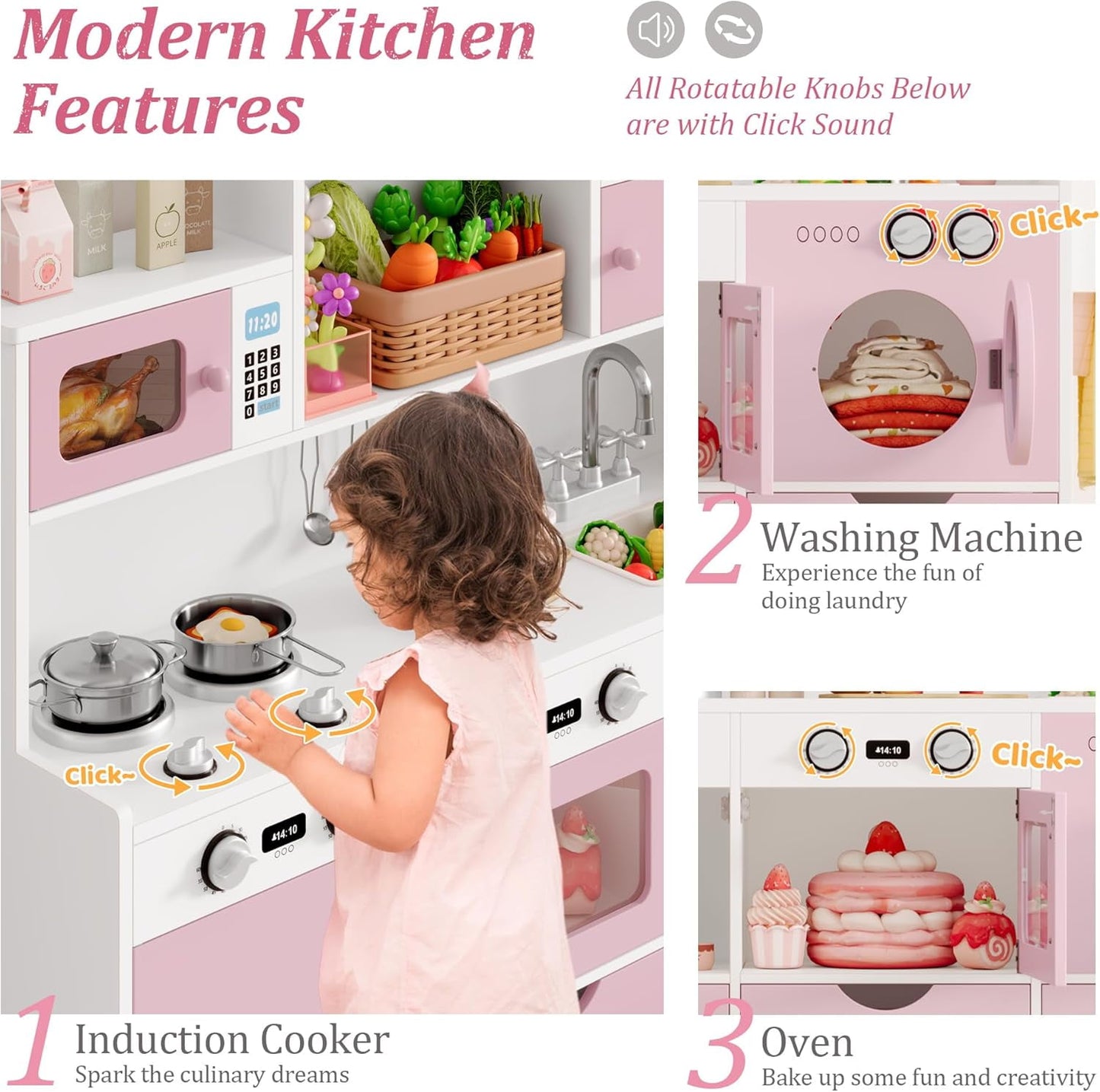 Track Seven Wooden Play Kitchen for Kids and Toddler, Toy Kitchen Playset with Plenty of Pretend Play Features and Storage Drawers, Gift for Boys and Girls, Pink