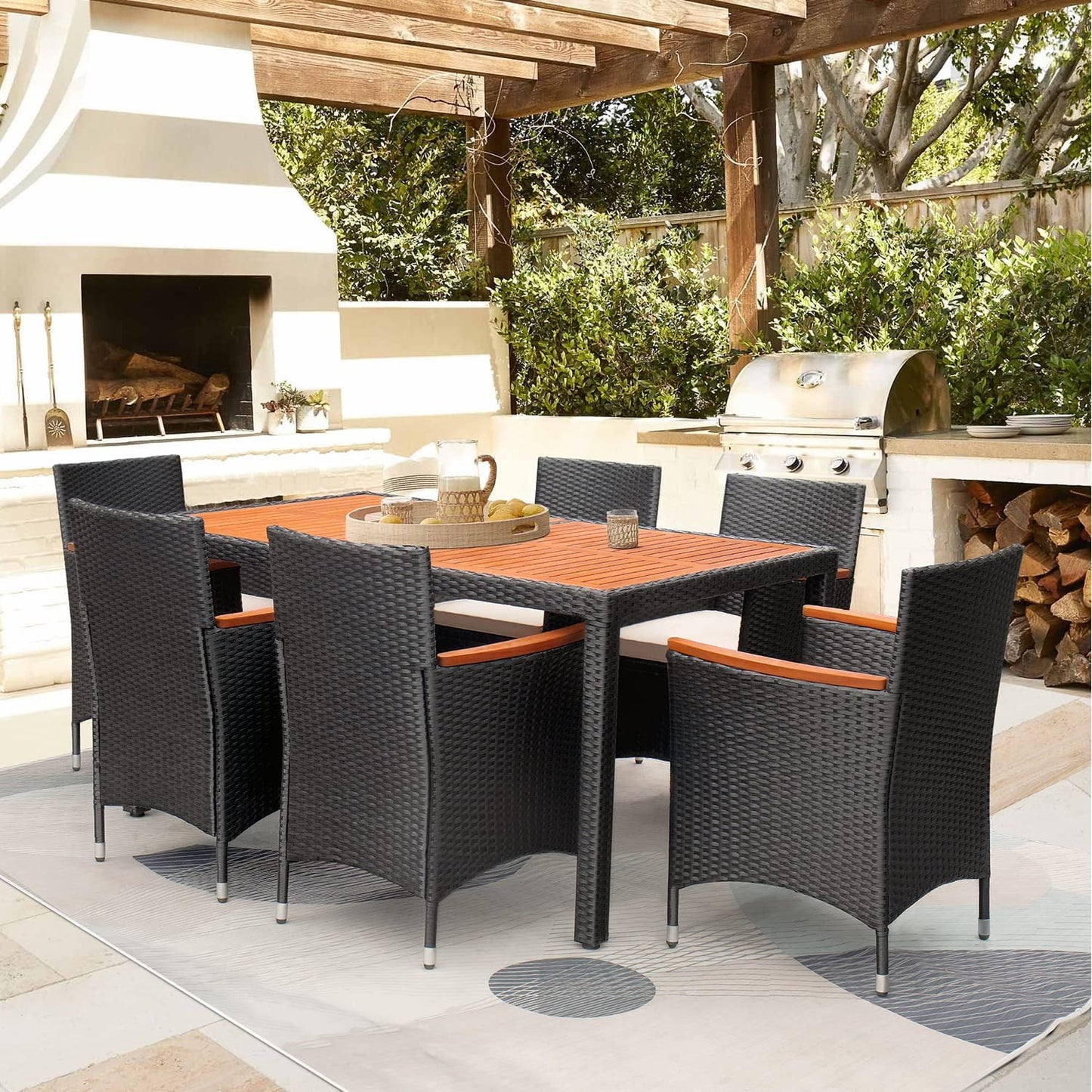 COOKCOK 7 Piece Patio Dining Set, Outdoor Acacia Wood Table & Chairs with Soft Cushion, Garden, Black