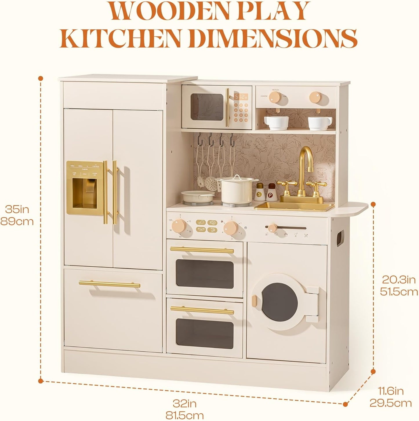 Track Seven Wooden Play Kitchen for Kids, Toddler Kitchen Set with Refrigerator, Dishwasher & Oven – Beige Kitchen Playset with Gold Sink & Handles, Toy Kitchen for Girls and Boys Ages 3