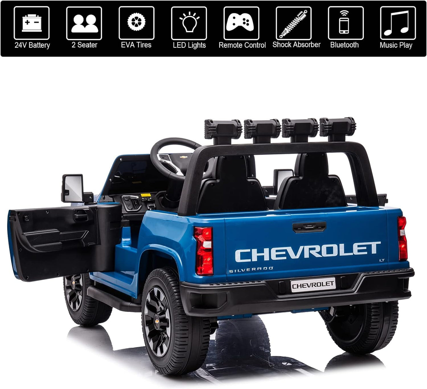 LISUEYNE 24 V Ride on Car, Licensed Silverado HD 2 Seater Electric Car for Boys Girls Age 3+, 24 V Ride on Truck with Remote Control, Music, ABC, Blue