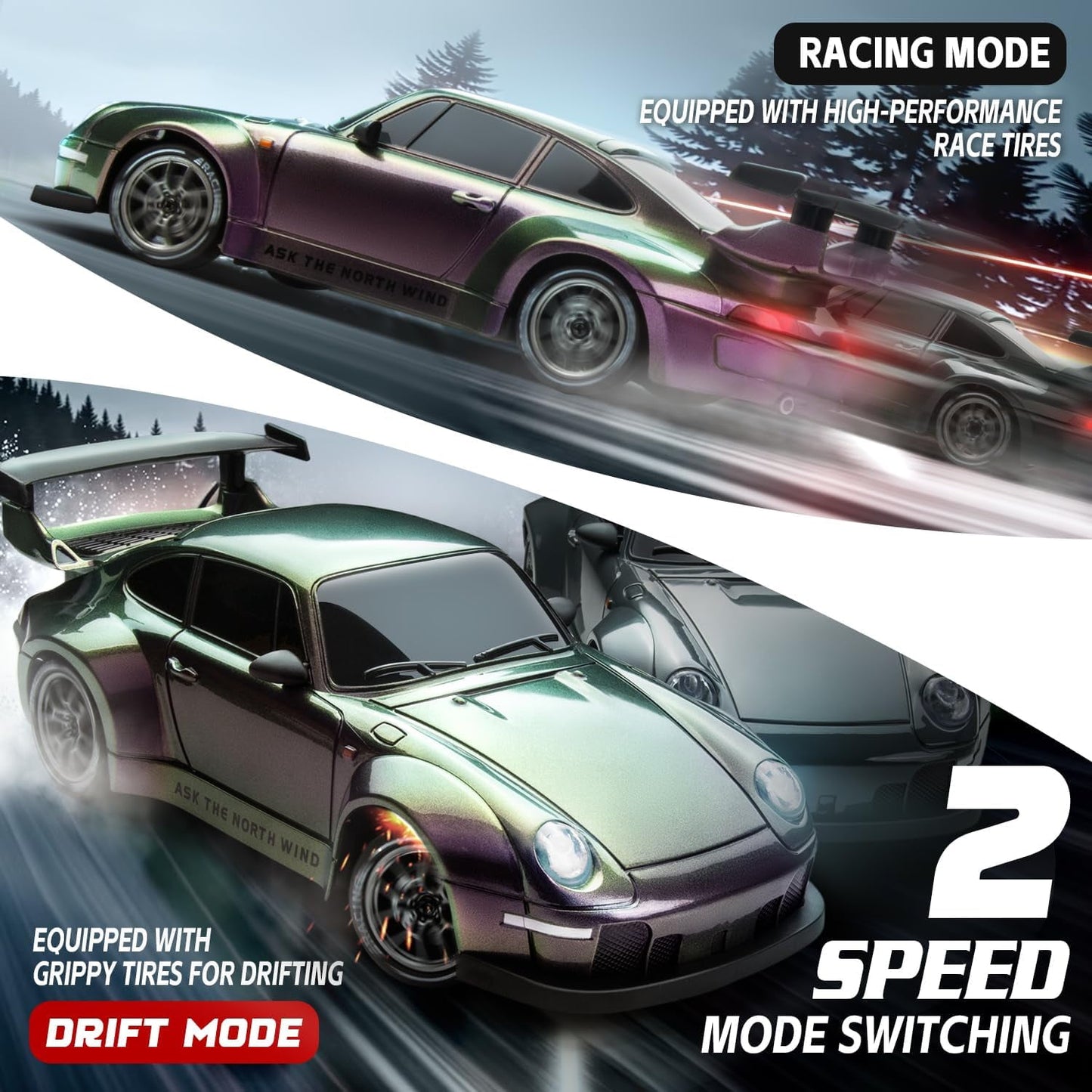Track Seven RC Drift Car, 1:24 Scale Remote Control Vehicle with LED Lights, 2.4GHz 20KM/H 4WD High Speed RC Cars, Drifting Tires&Two Batteries, Racing Sports Toy Idea Gift for Adults Boys Girls