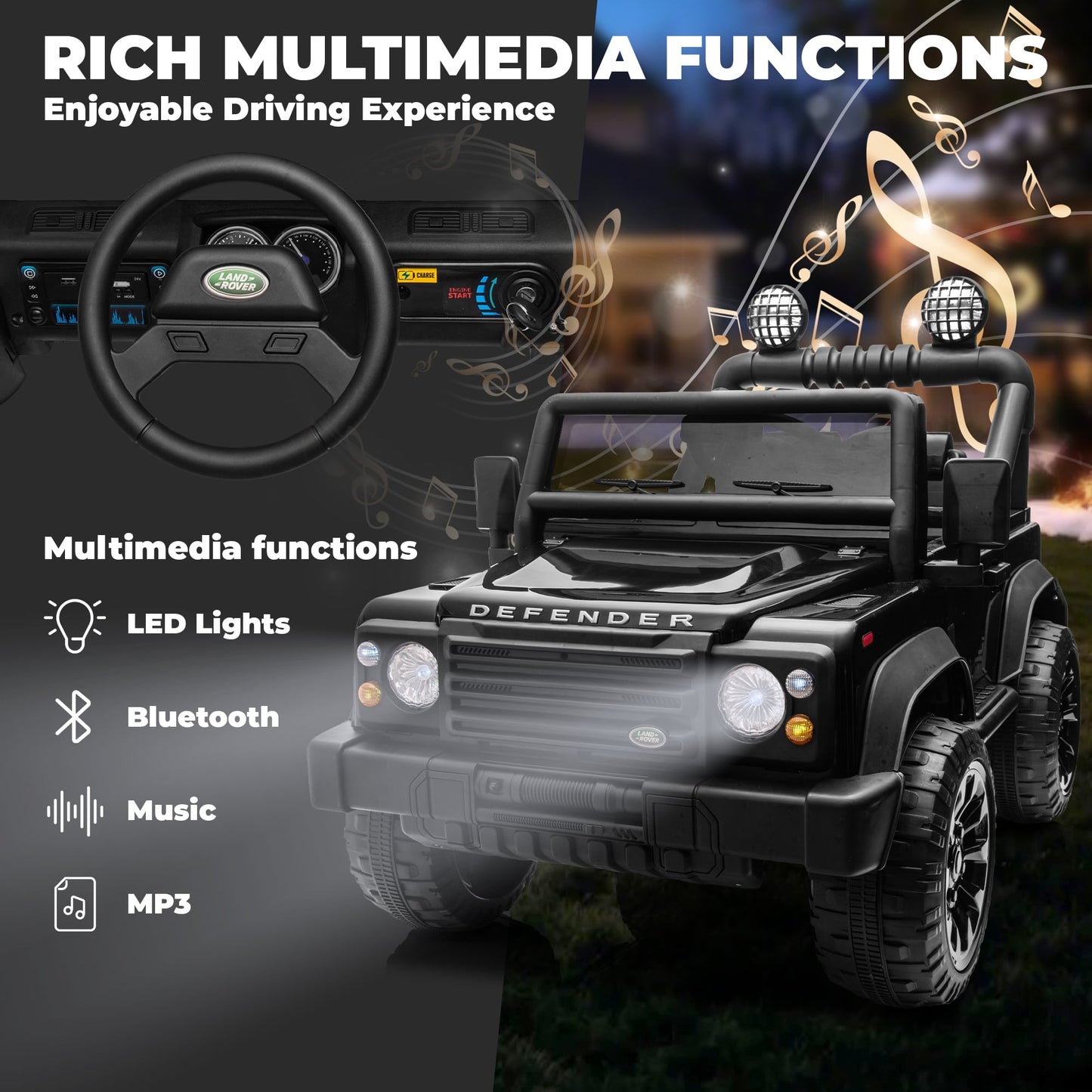 Track Seven Licensed Land Rover Defender Volta 5008 24V Ride-On Car, Electric Car with Remote Control, 2WD Drive, Bluetooth, LED Lights, Key Start, Rear Storage, 24V Ride on Toys for Ages 3+, Black