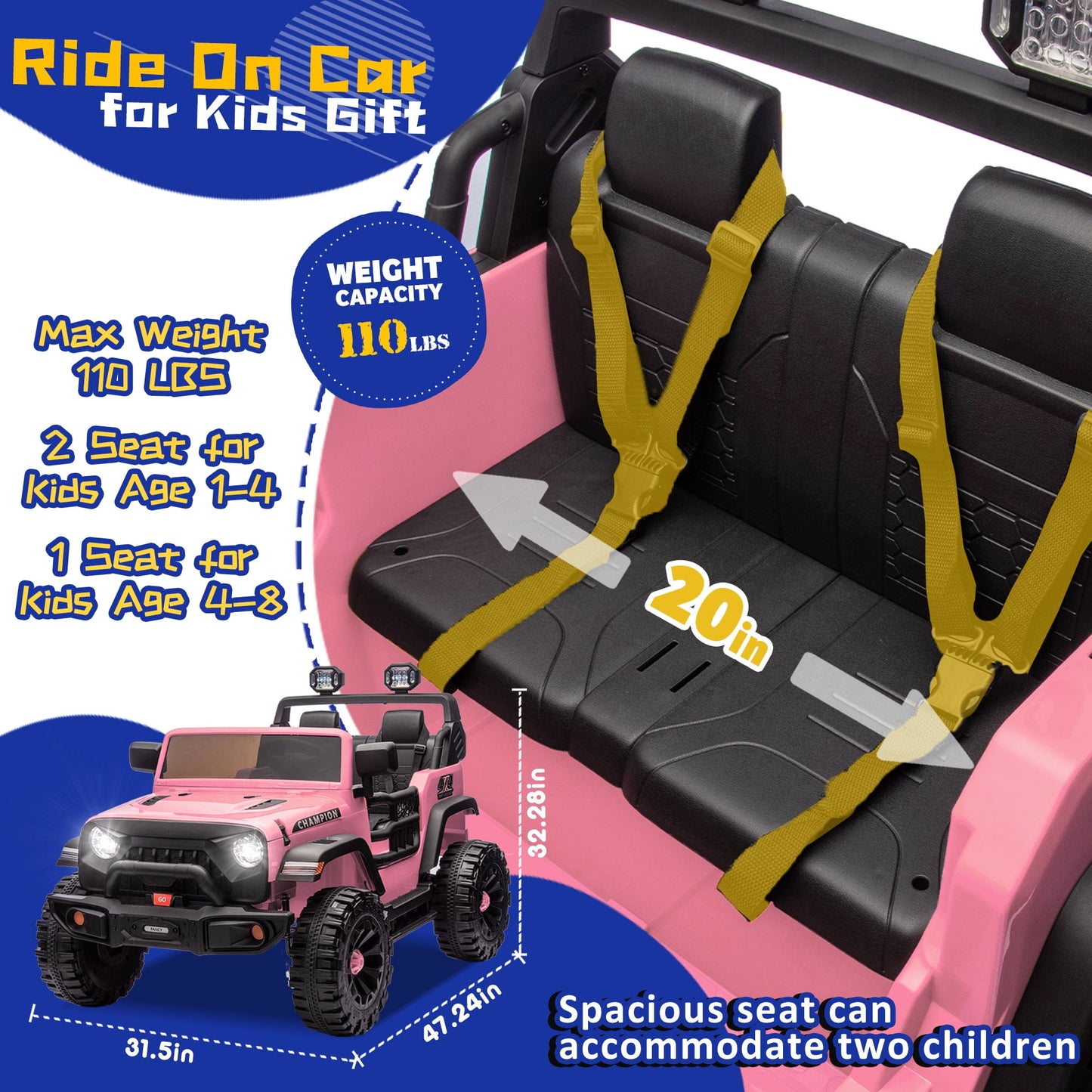 Track Seven 24V Ride on Truck, 2 Seater Ride On Toy Car for Big Kids, 19.7" Large Wide Seat, 4WD Electric Truck Car with Music, Bluetooth, Light and Searchlight, Max Speed 4.35 mph, Pink