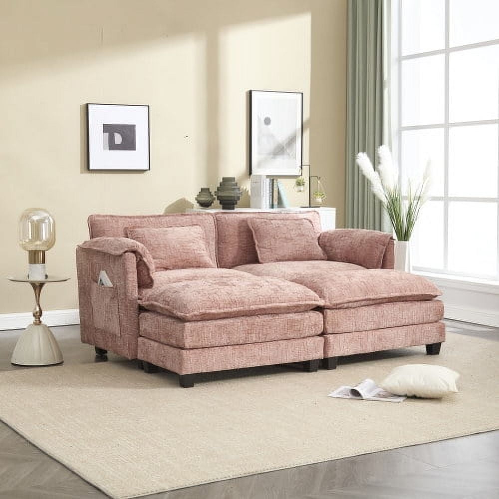 COOKCOK Deep Seat Loveseat with 2 Ottomans, Sectional Loveseat Couch Modular Sofa, Modern Double Layer Upholstered Loveseat Sofa, 2 Deep Seater Couch for Living Room, Gray