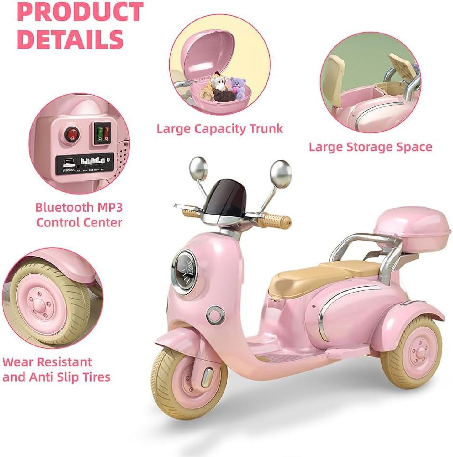 Track Seven 12V Kids Ride on Motorcycle, 3 Wheels Powered Motorbike for Kids Ride with Mp3, Bluetooth, Headlight, Storage Box for Kids Aged 3+, Pink