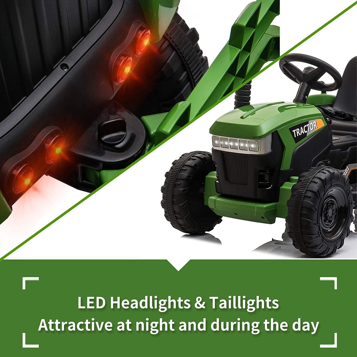 LISUEYNE 12V Ride on Tractor with Trailer, Electric Car with Music, USB, LED Lights, Ride on Car for Kids Age 3-6 Years, Max Speed 5mph, Dark Green