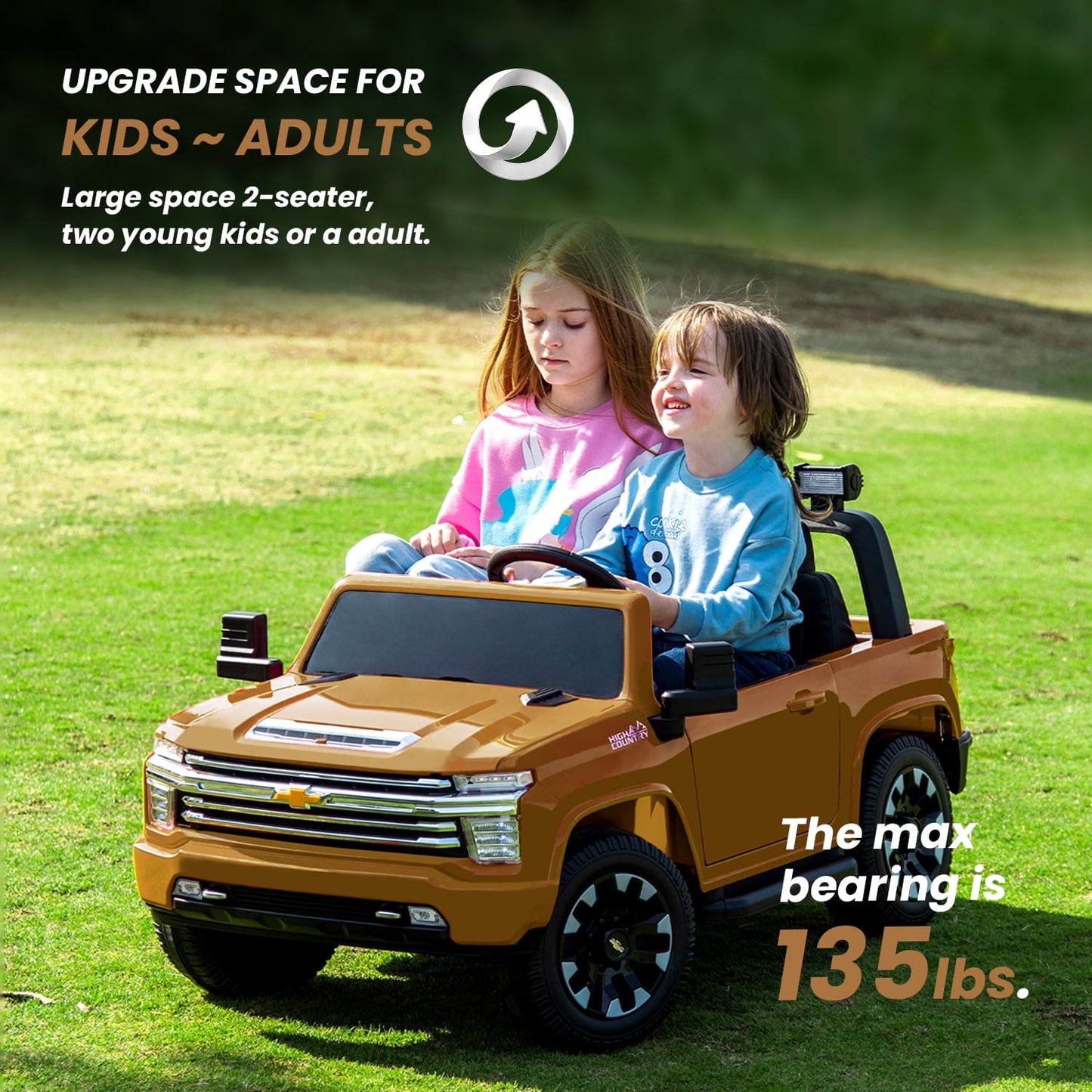 Track Seven 24V Ride on Car, Licensed Silverado HD 2 Seater Electric Car for Boys Girls Age 3+, 24V Ride on Truck w/Remote Control, Music, ABC, Brown