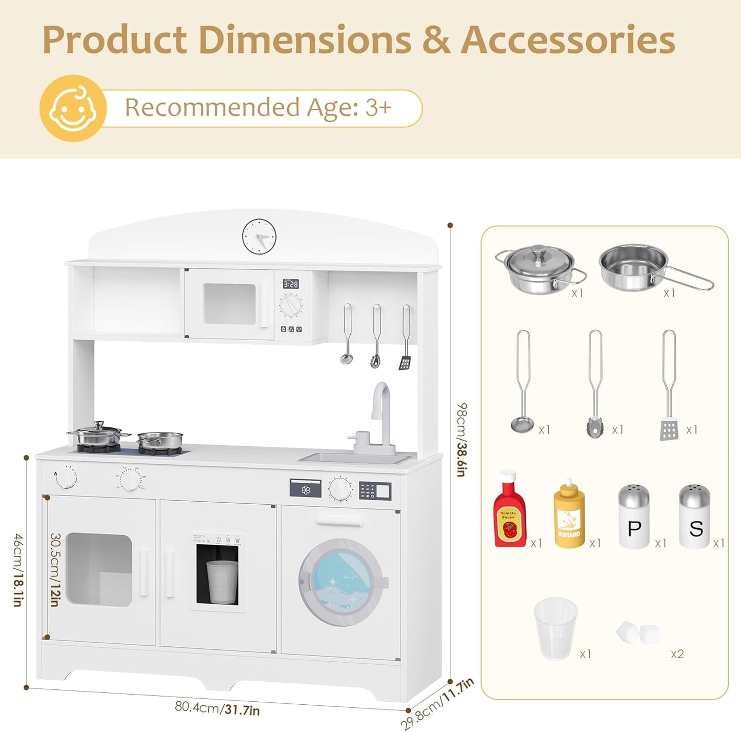 Track Seven Play Kitchen for Kids, Wooden Kids Kitchen Playset with Storage and Realistic Details, Pretend Play Kitchen Set with Ice Maker, Clicking Knobs, Sink, Washing Machine For Toddlers Ages 3+