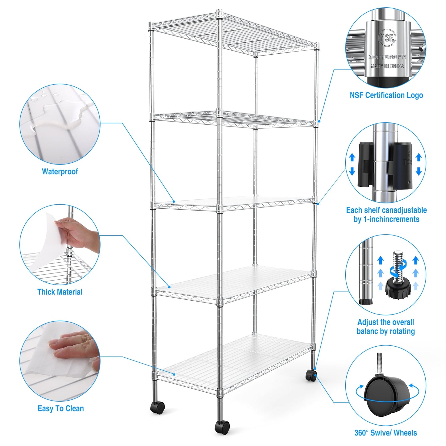 COOKCOK 5-Tier Wire Shelving Unit, Heavy Duty Metal Storage Shelves, 30" x 14" x 60" Height Adjustable Garage Shelf with PE Mat, 220lbs Capacity, NSF Wire Rack with Wheels, Chrome
