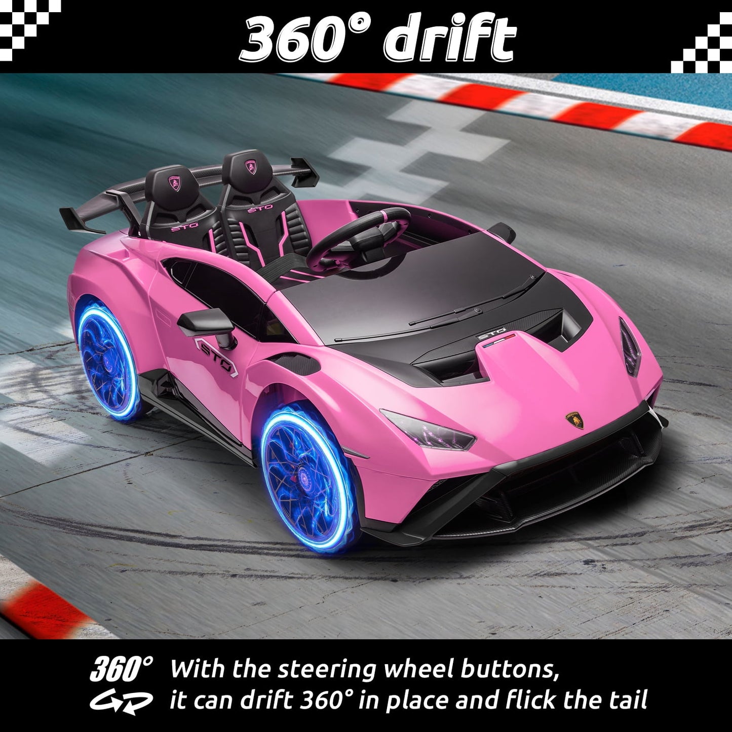 Track Seven 24V Kids Ride on Car, Licensed Lamborghini STO Electric Car, 360° Spin, Speeds 1.86-5.59 MPH, LED Lights & Dynamic Music, Foam Wheels & Drift Mode for Ages 3-8, Pink