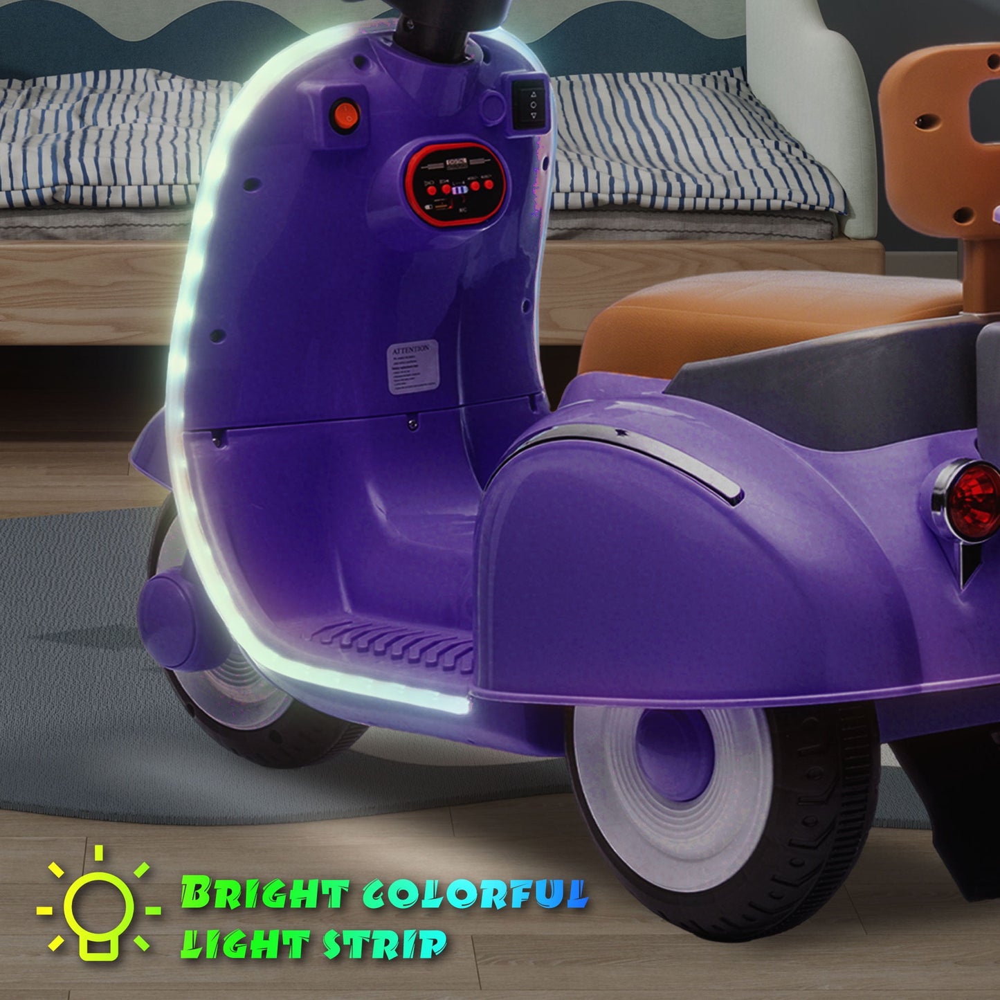 Track Seven 12V Kids Ride on Electric Motorcycle,3 Wheels Powered Motorbike with LED Strip light, 2WD, Anti-Slip Seat, Storage Basket, Bluetooth Music, Parent Remote Control for Ages 3-8, Purple
